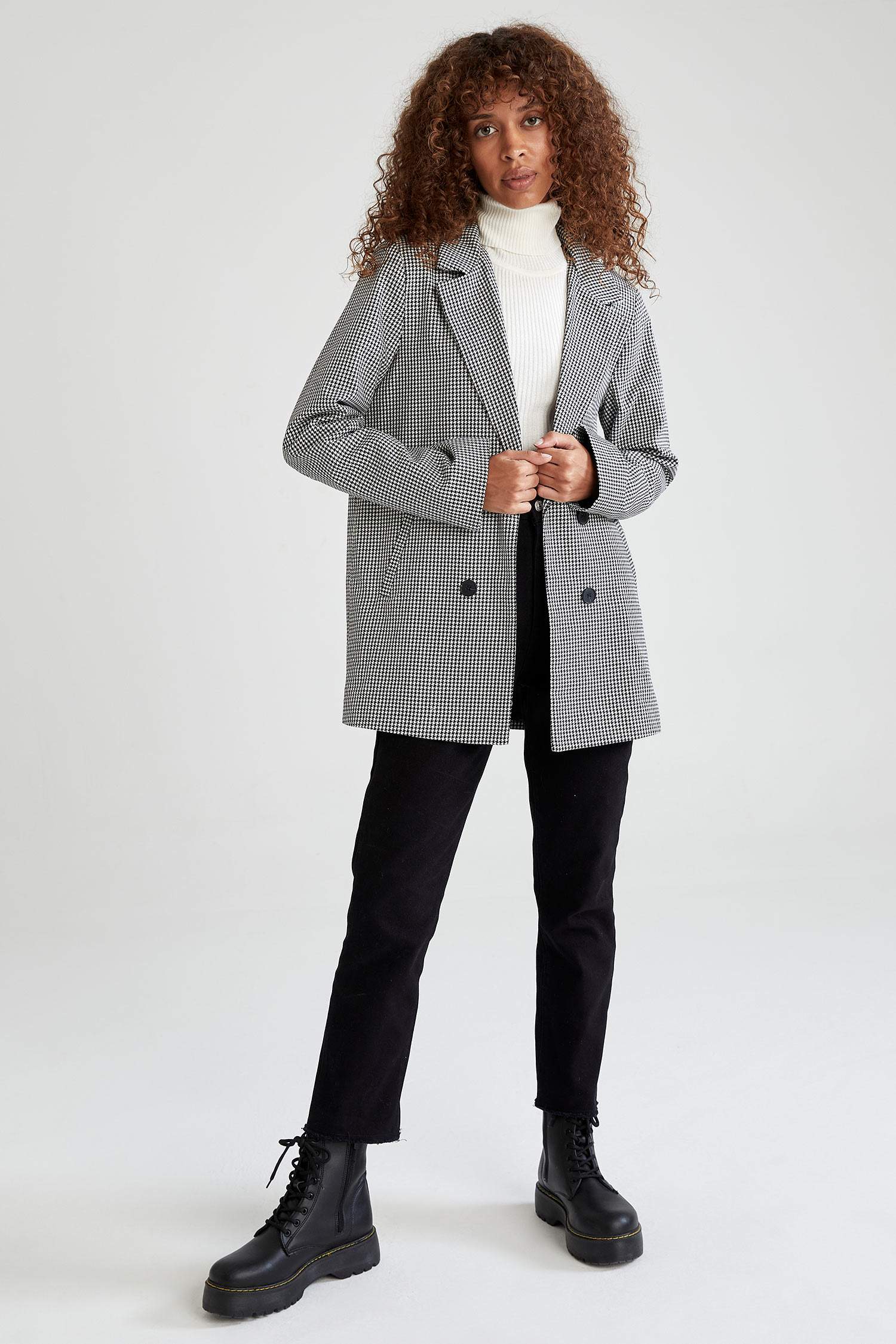 Kazayağı Desenli Fleto Cepli Oversize Fit Uzun Kollu Blazer Ceket