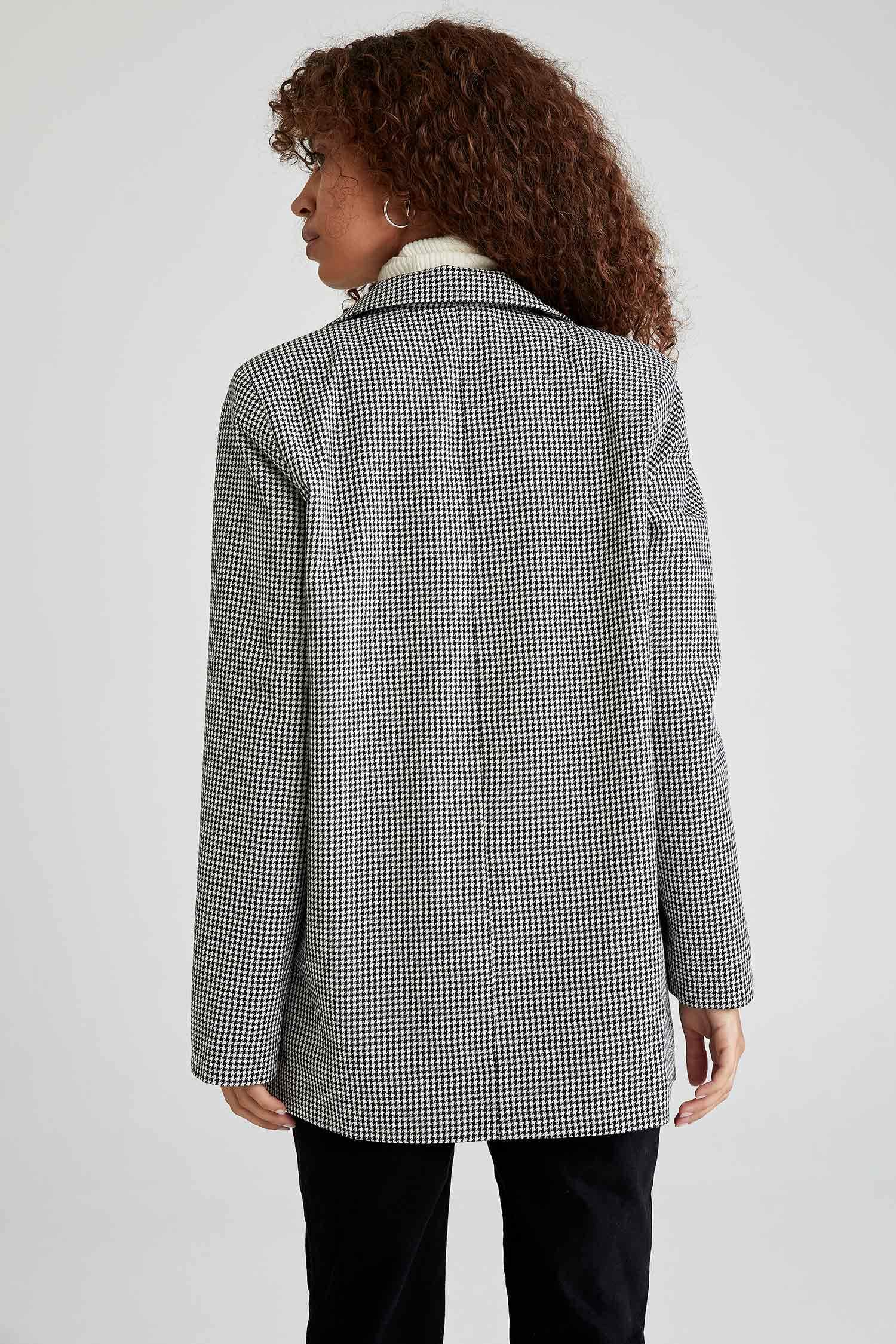 Kazayağı Desenli Fleto Cepli Oversize Fit Uzun Kollu Blazer Ceket