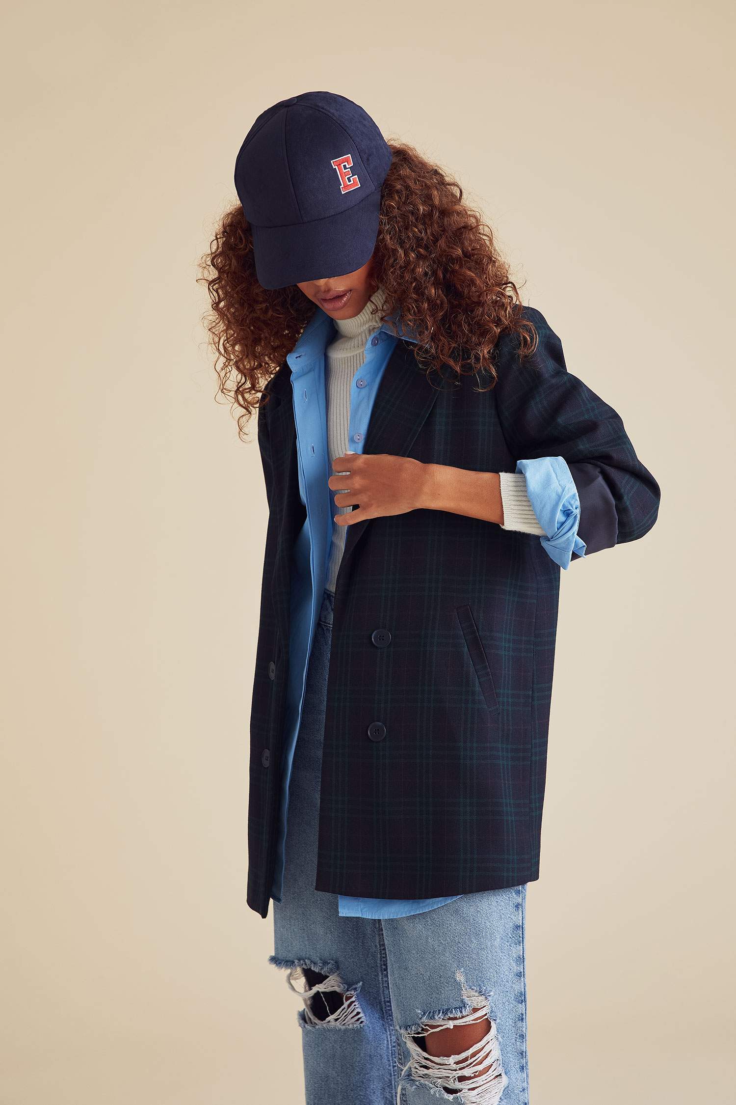 Ekose Desenli Oversize Fit Uzun Kollu Blazer Ceket