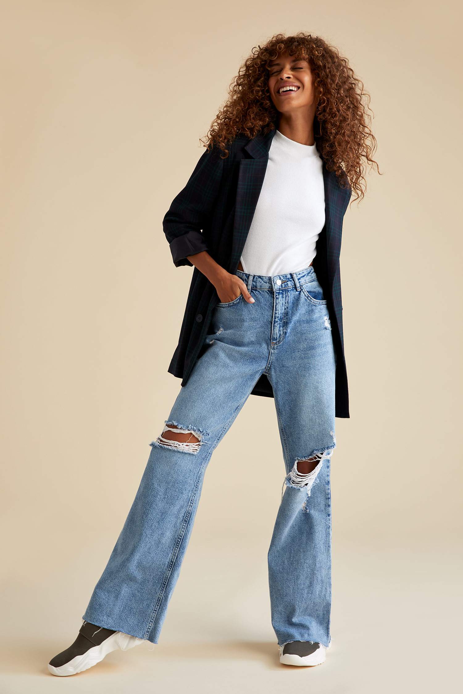 Ekose Desenli Oversize Fit Uzun Kollu Blazer Ceket