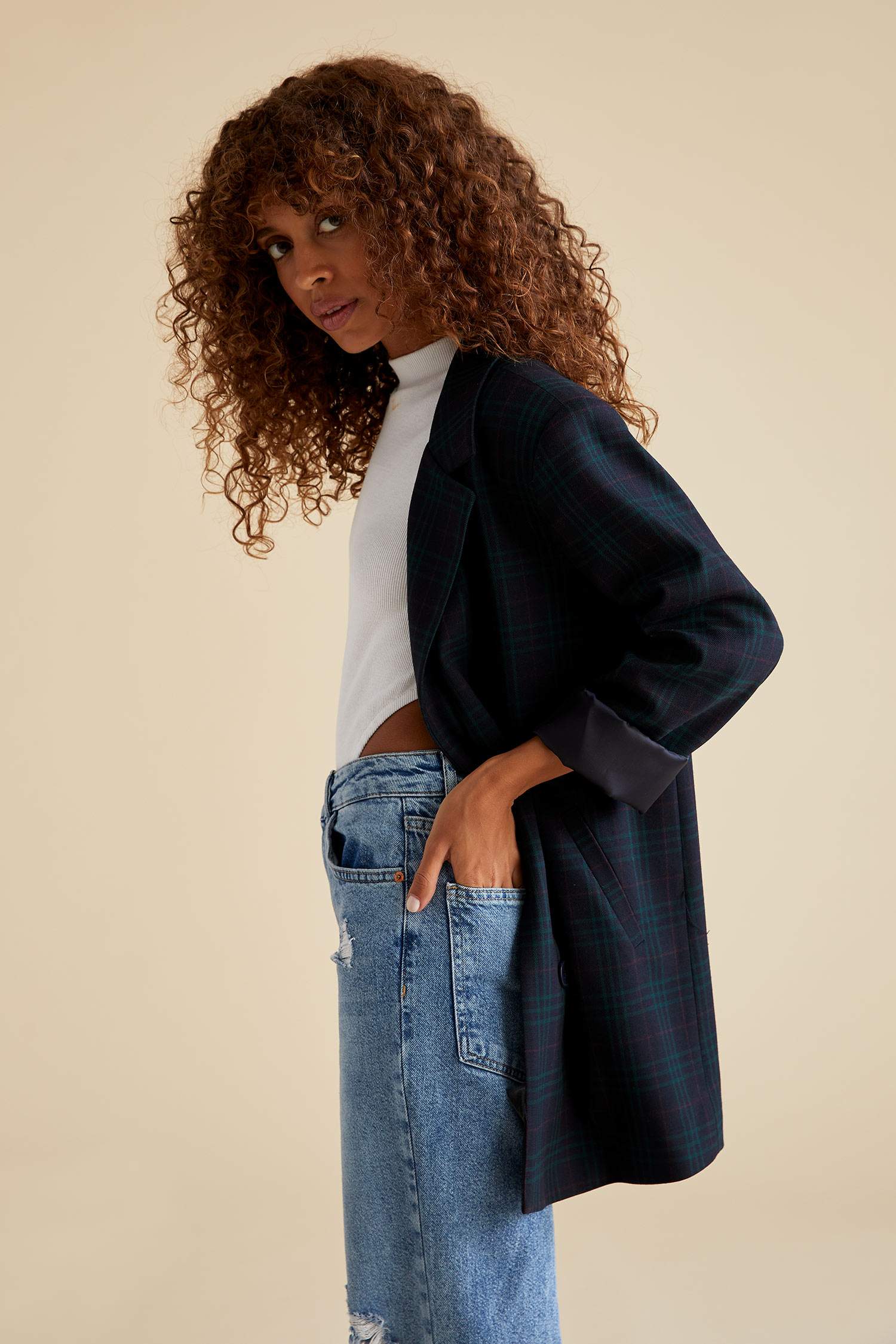 Ekose Desenli Oversize Fit Uzun Kollu Blazer Ceket