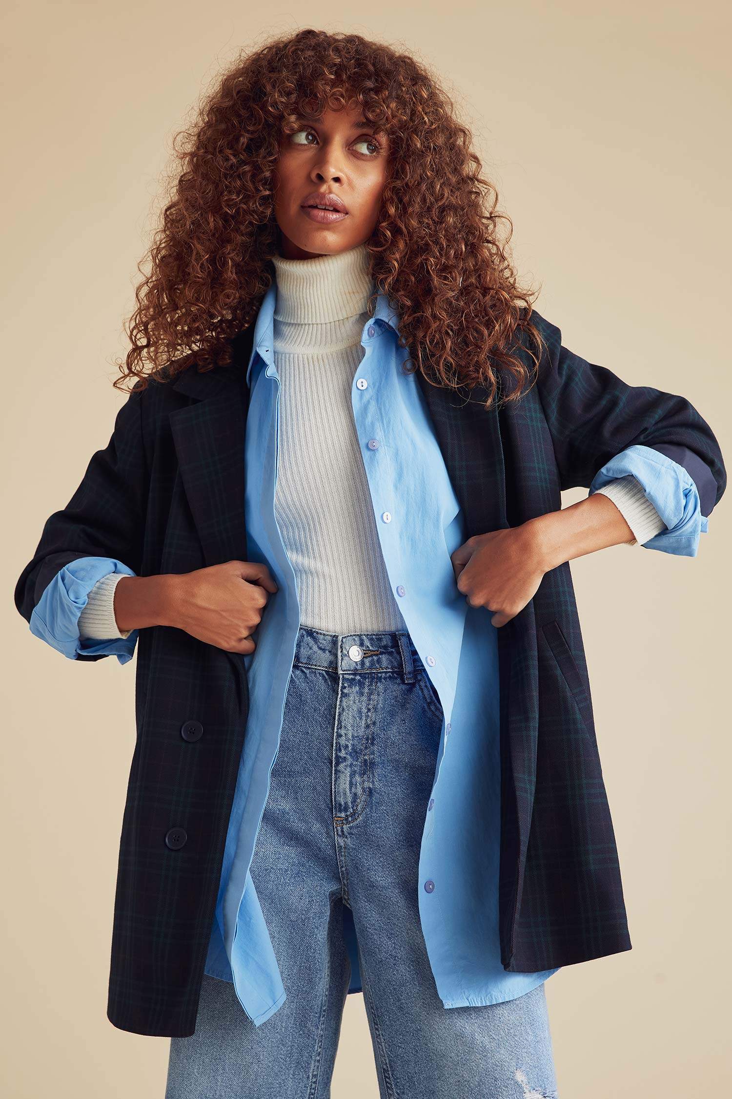 Ekose Desenli Oversize Fit Uzun Kollu Blazer Ceket