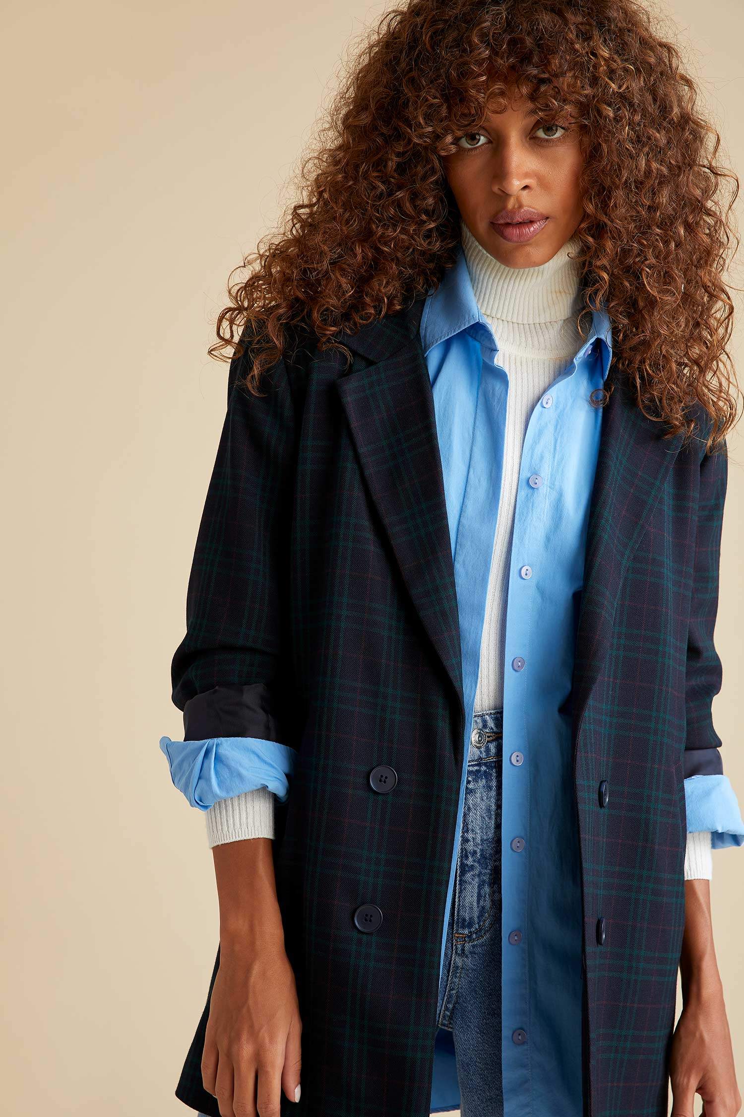 Ekose Desenli Oversize Fit Uzun Kollu Blazer Ceket