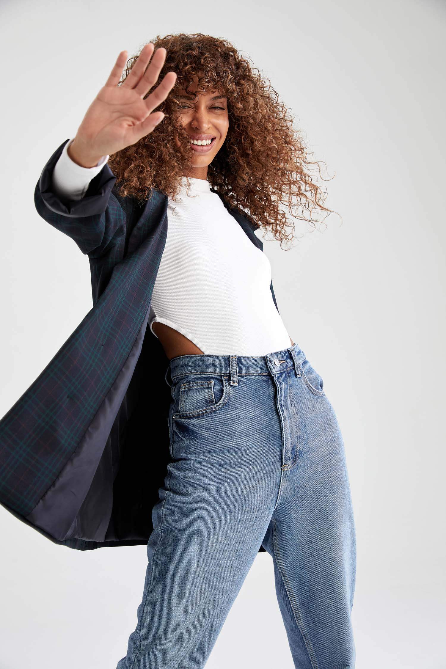 Ekose Desenli Oversize Fit Uzun Kollu Blazer Ceket