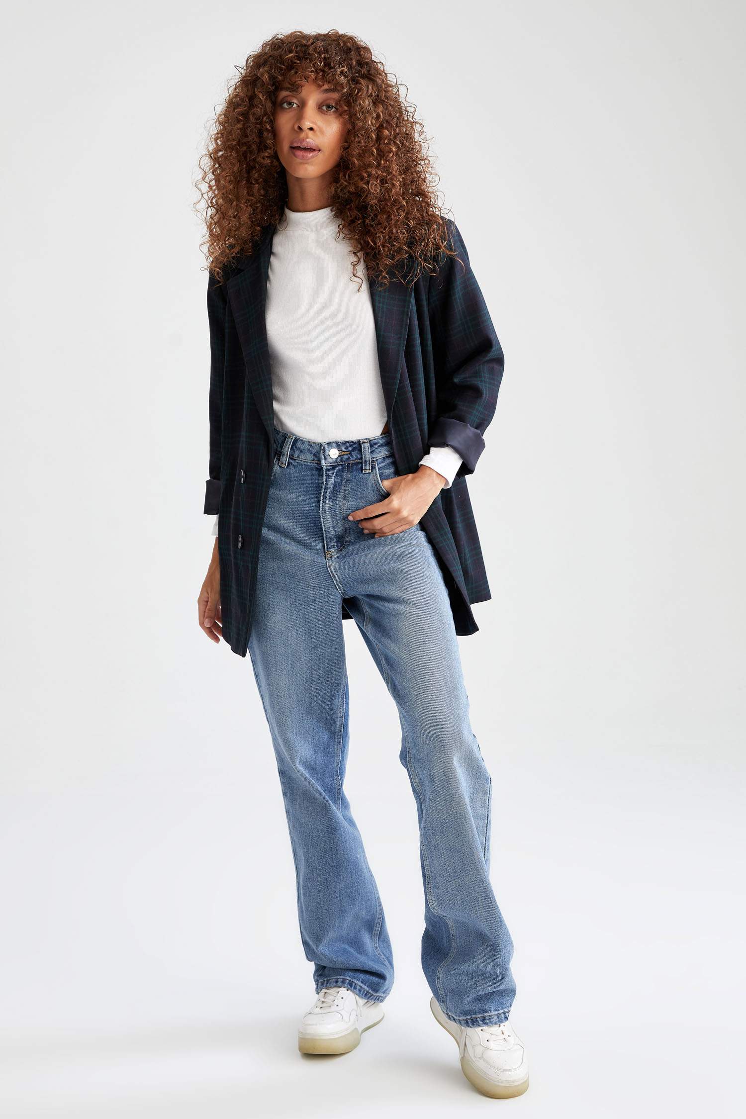 Ekose Desenli Oversize Fit Uzun Kollu Blazer Ceket