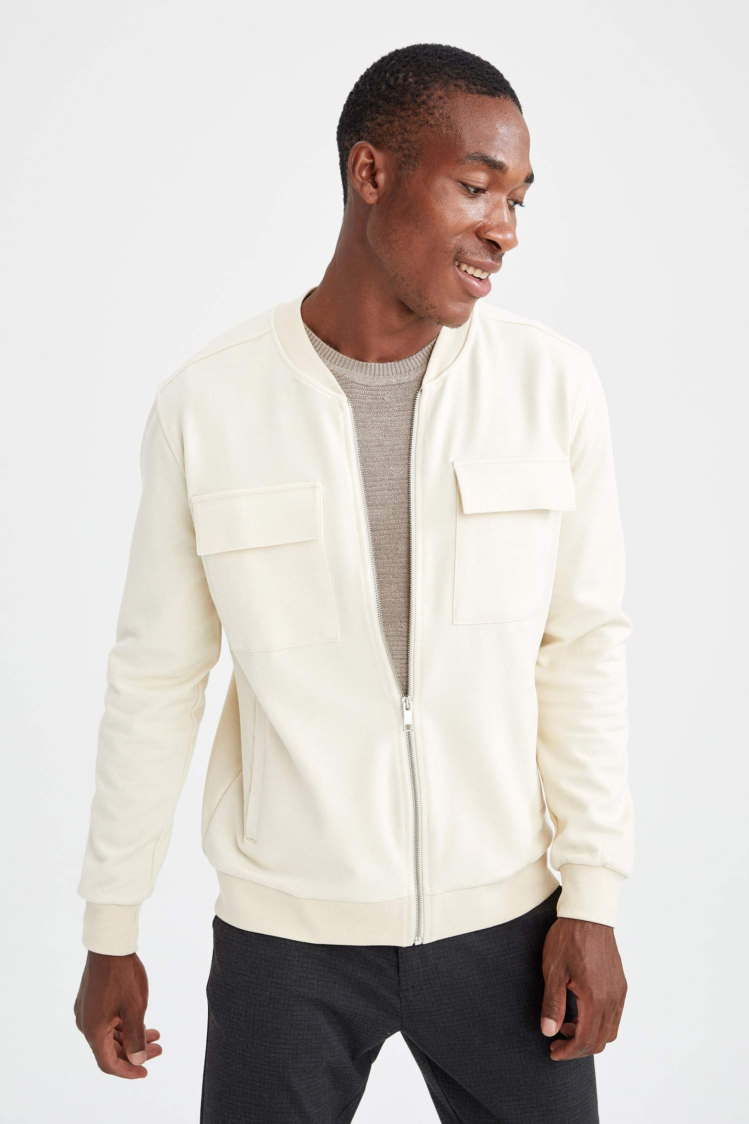 Slim Fit Çift Cepli Fermuarlı Kolej Yaka Bomber Hırka