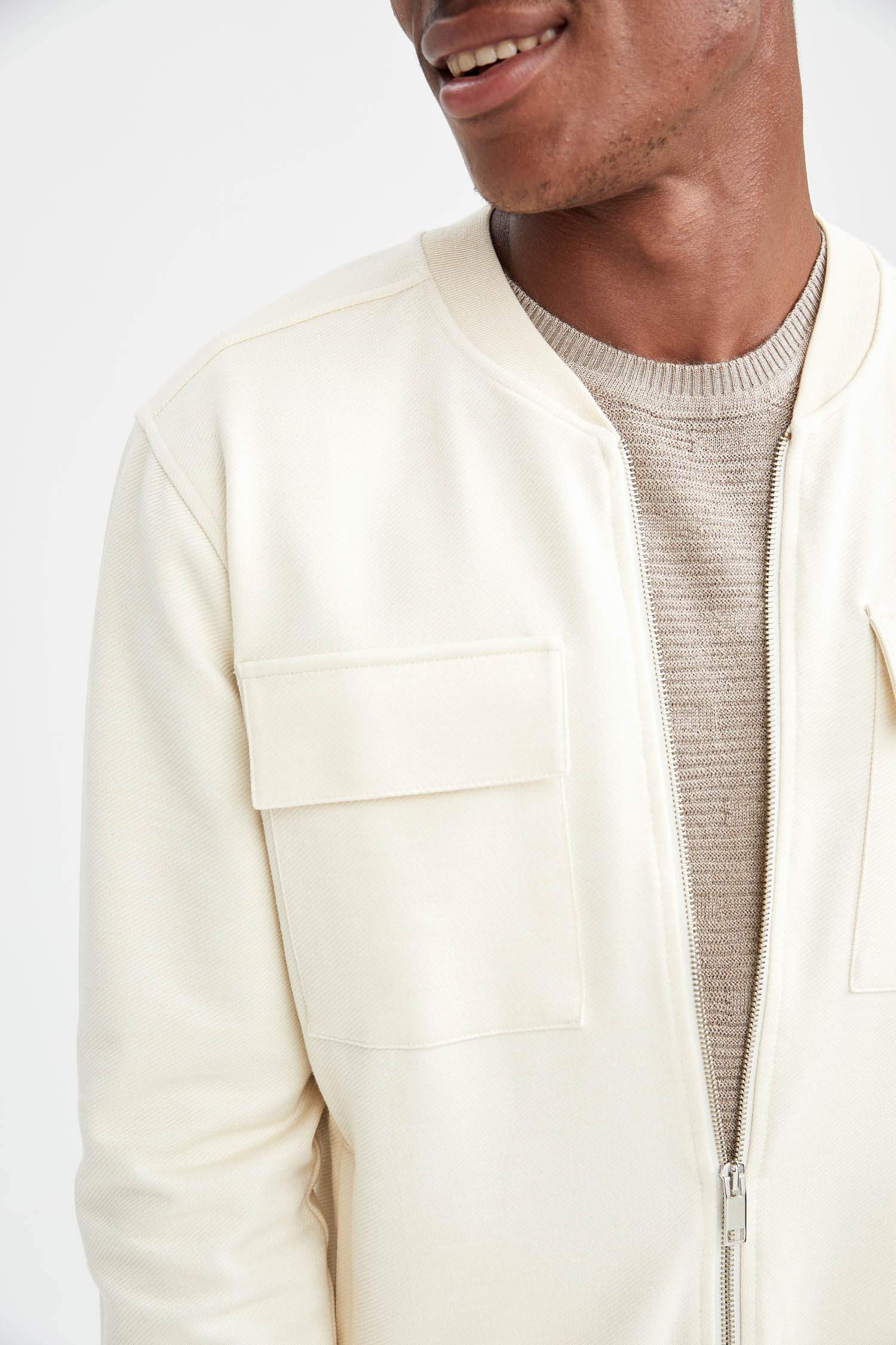 Slim Fit Çift Cepli Fermuarlı Kolej Yaka Bomber Hırka