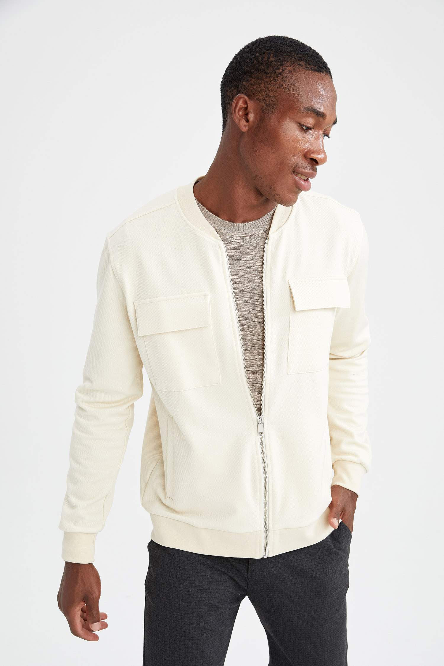 Slim Fit Çift Cepli Fermuarlı Kolej Yaka Bomber Hırka
