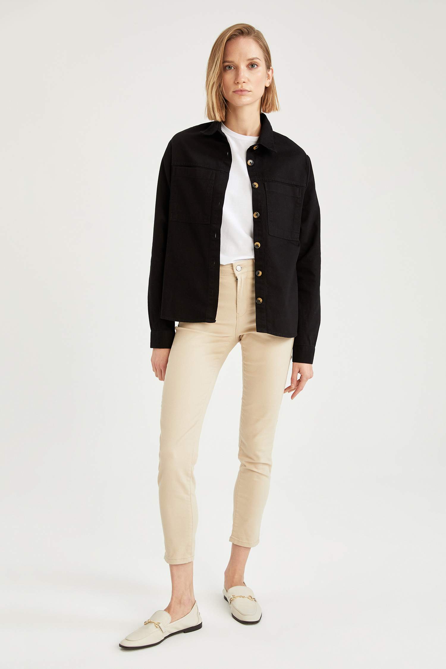 Çift Cepli Oversize Fit Gabardin Gömlek