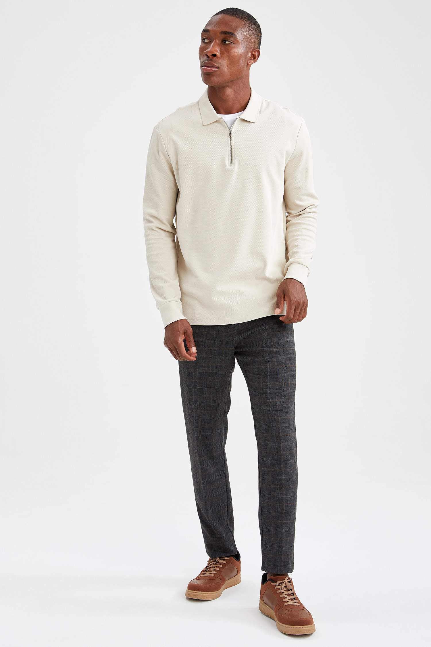 Modern Fit Fermuarlı Polo Yaka Pamuklu Sweatshirt