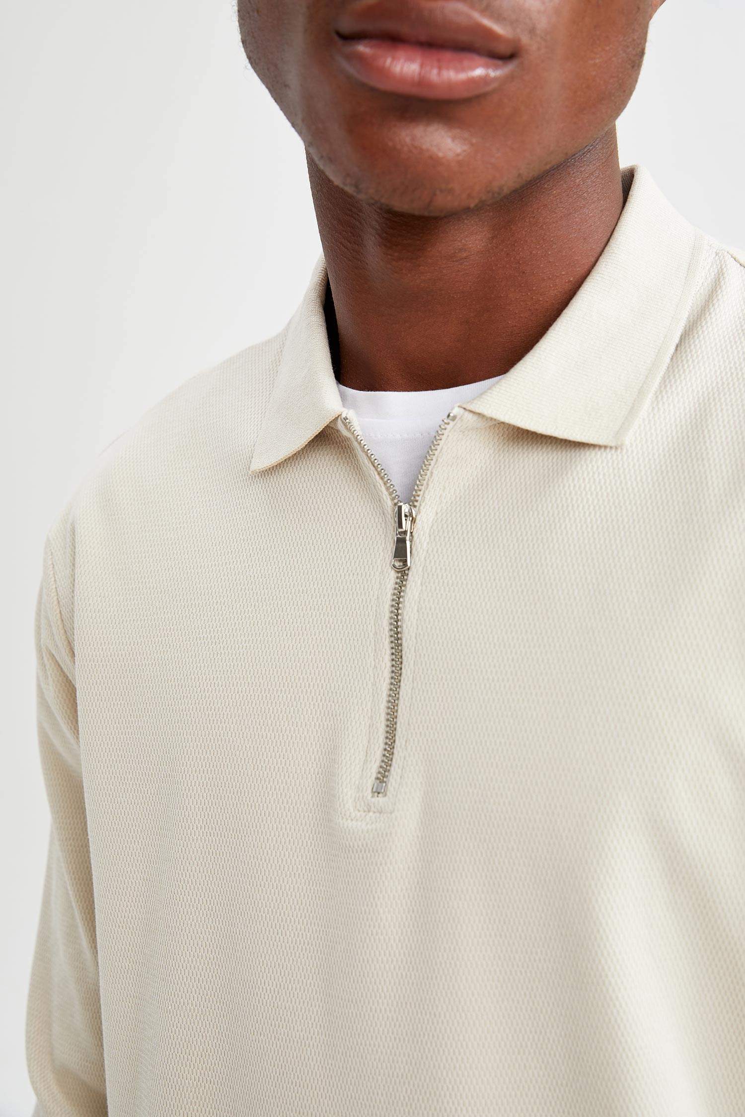 Modern Fit Fermuarlı Polo Yaka Pamuklu Sweatshirt
