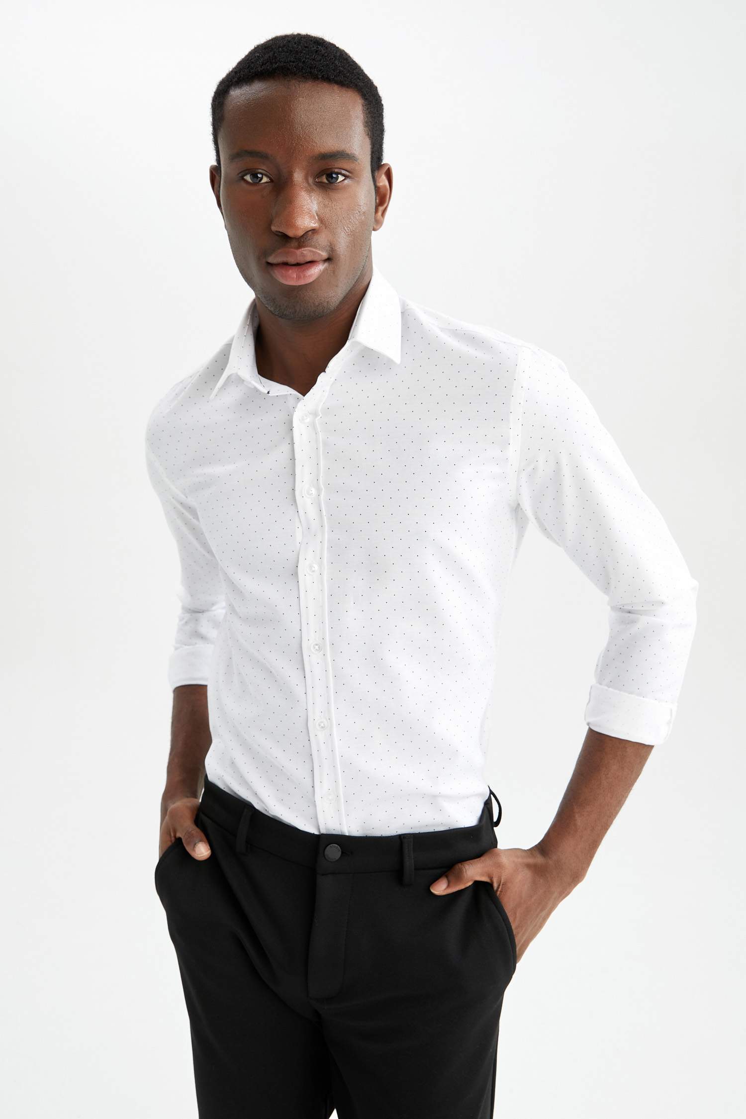Modern Fit Polo Yaka Baskılı Uzun Kollu Gömlek