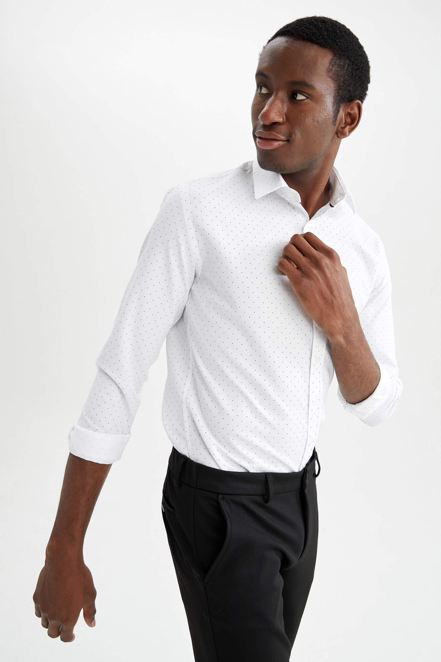 Modern Fit Polo Yaka Baskılı Uzun Kollu Gömlek
