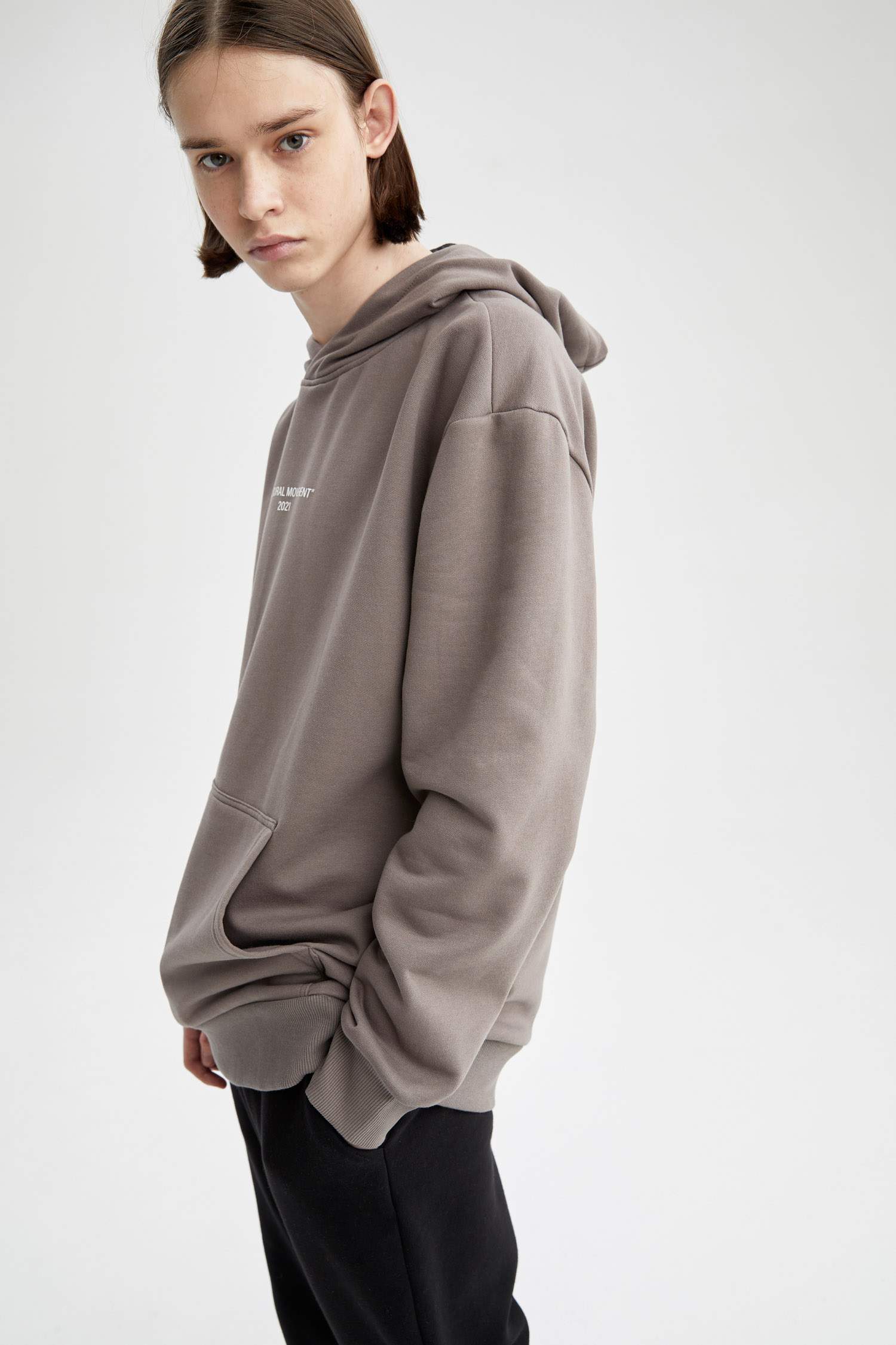 Coool Oversize Fit Slogan Baskılı Kanguru Cepli İçi Yumuşak Tüylü Pamuklu Sweatshirt