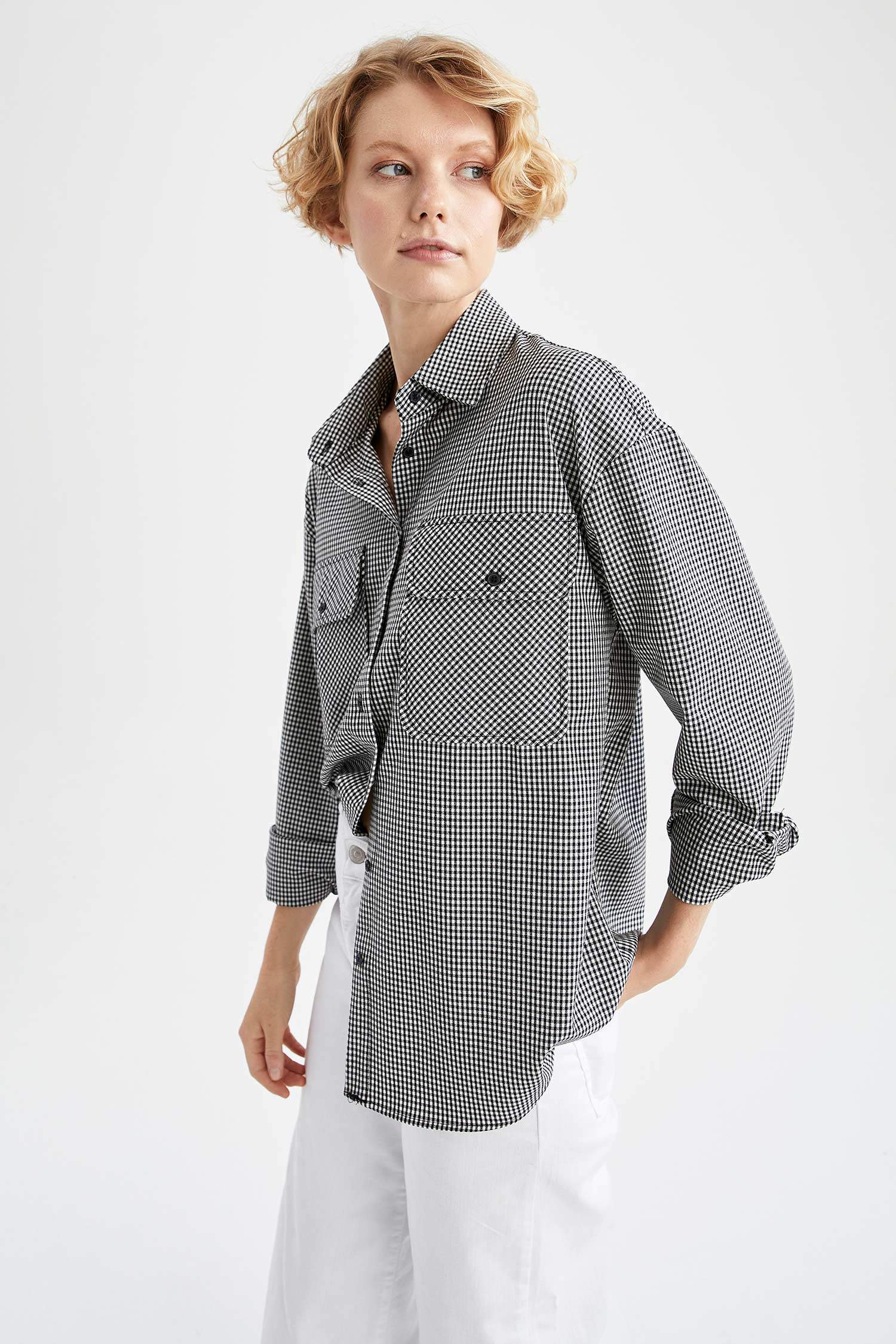 Ekoseli Kapaklı Cep Detaylı Oversize Fit Uzun Oduncu Gömlek Ceket