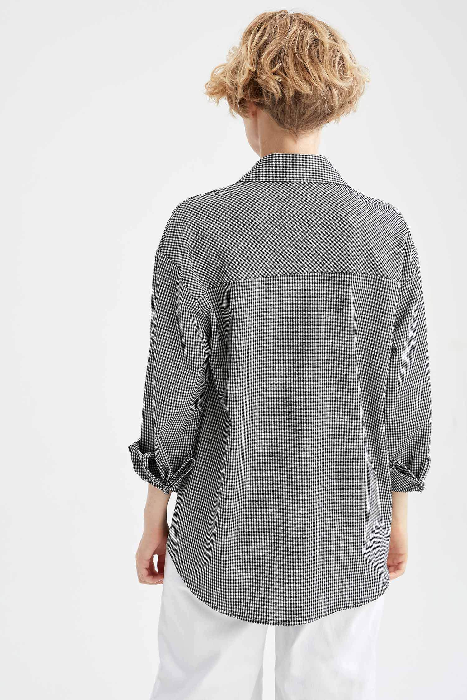 Ekoseli Kapaklı Cep Detaylı Oversize Fit Uzun Oduncu Gömlek Ceket