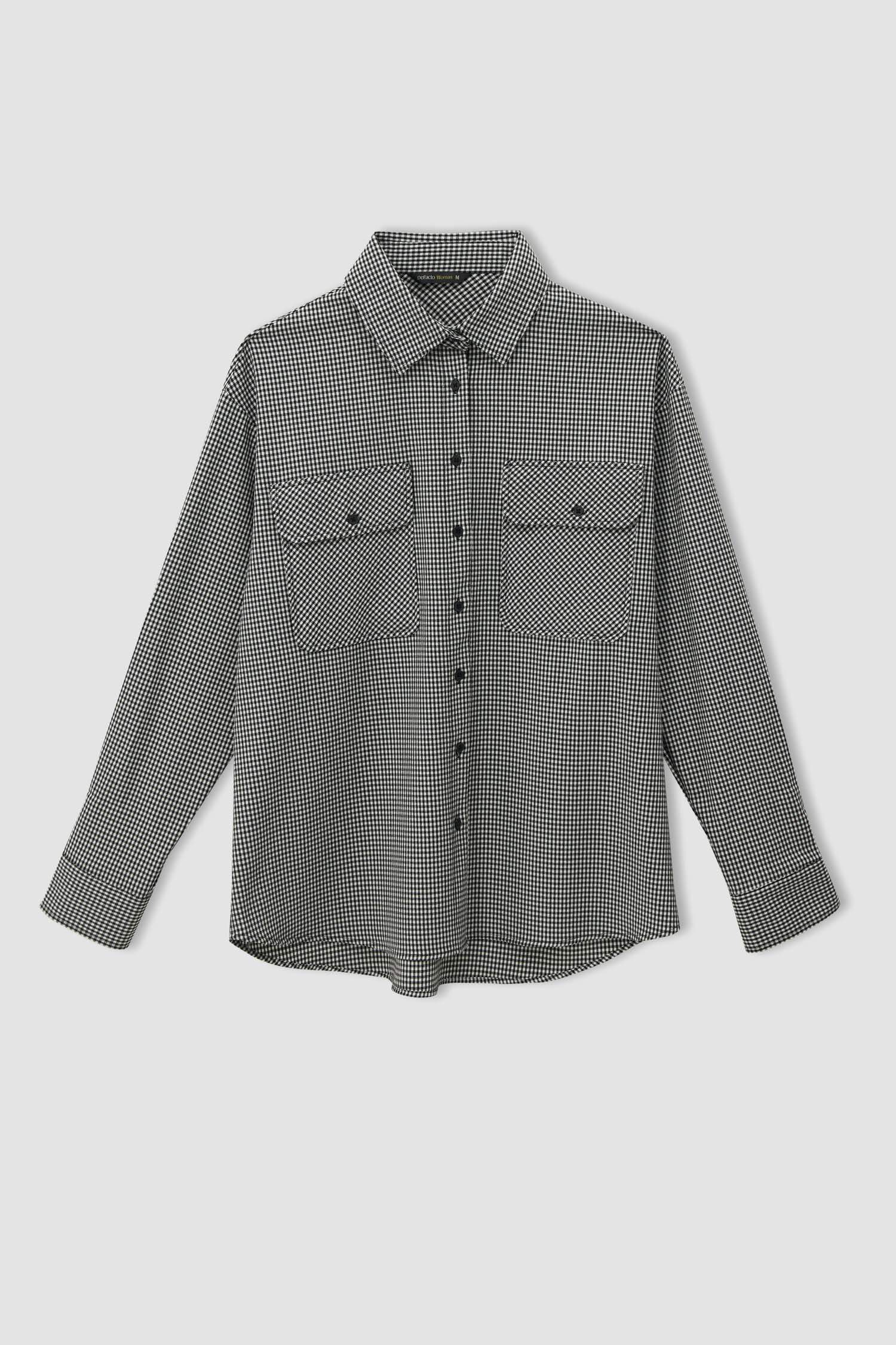 Ekoseli Kapaklı Cep Detaylı Oversize Fit Uzun Oduncu Gömlek Ceket
