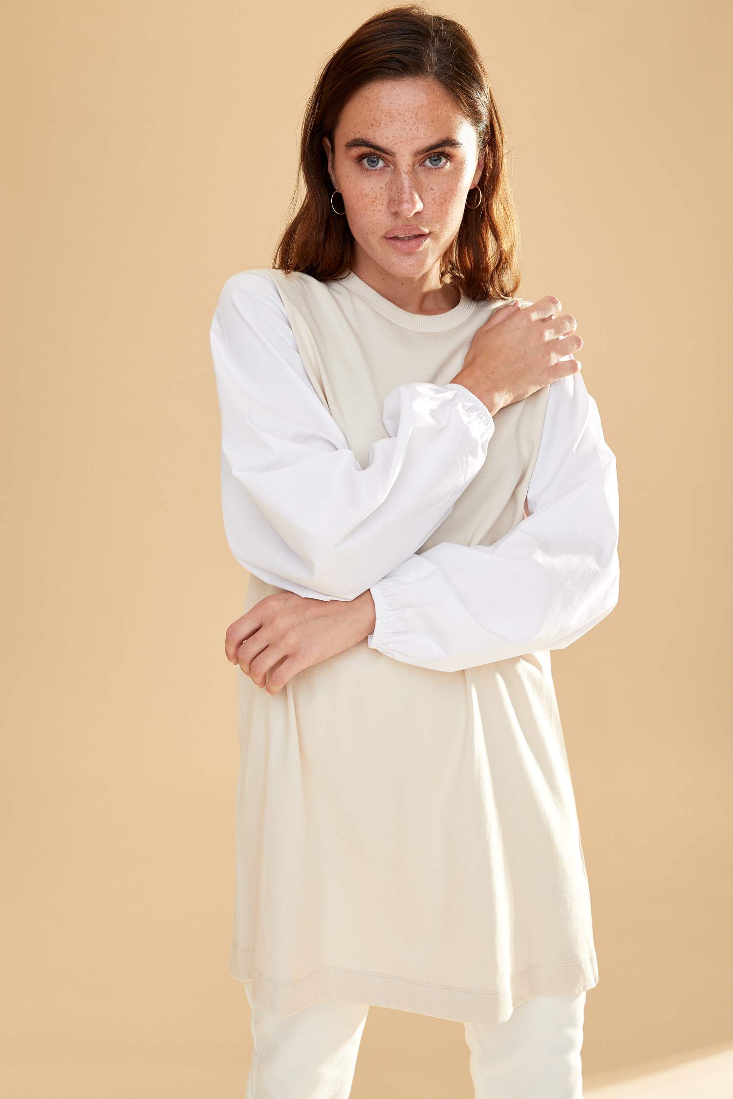 Renk Bloklu Poplin Balon Kollu Relax Fit Tunik