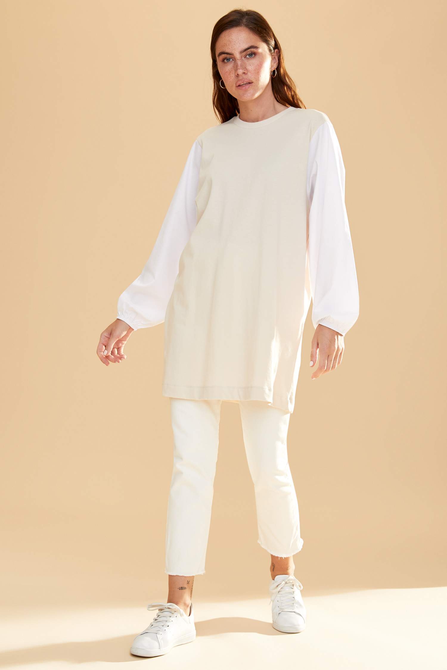Renk Bloklu Poplin Balon Kollu Relax Fit Tunik