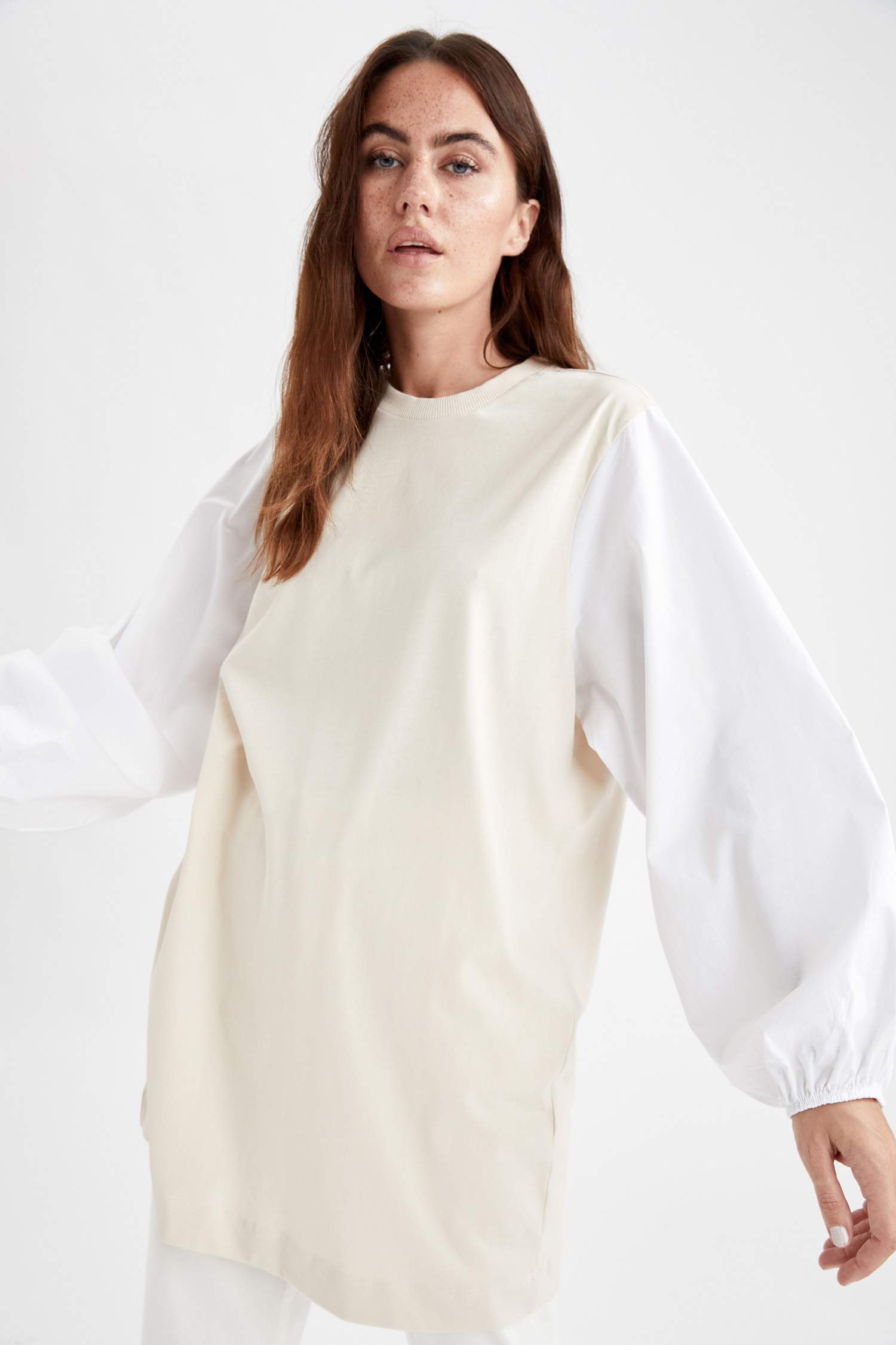 Renk Bloklu Poplin Balon Kollu Relax Fit Tunik