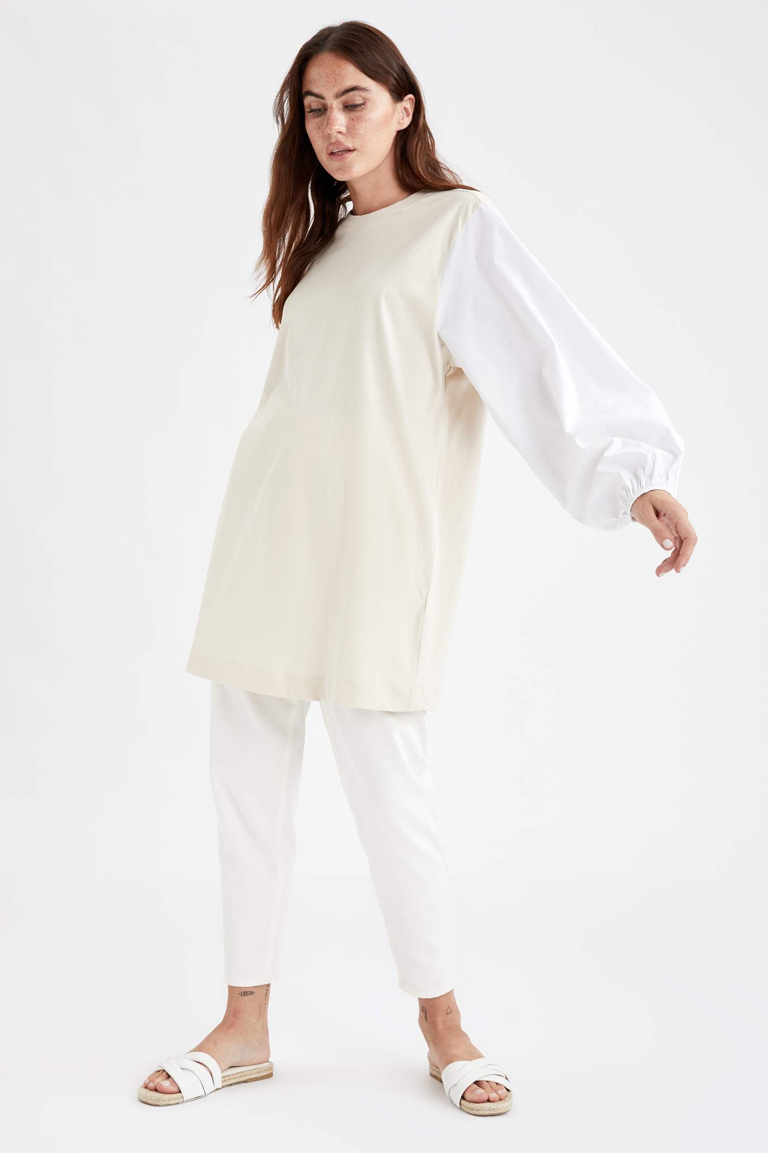 Renk Bloklu Poplin Balon Kollu Relax Fit Tunik