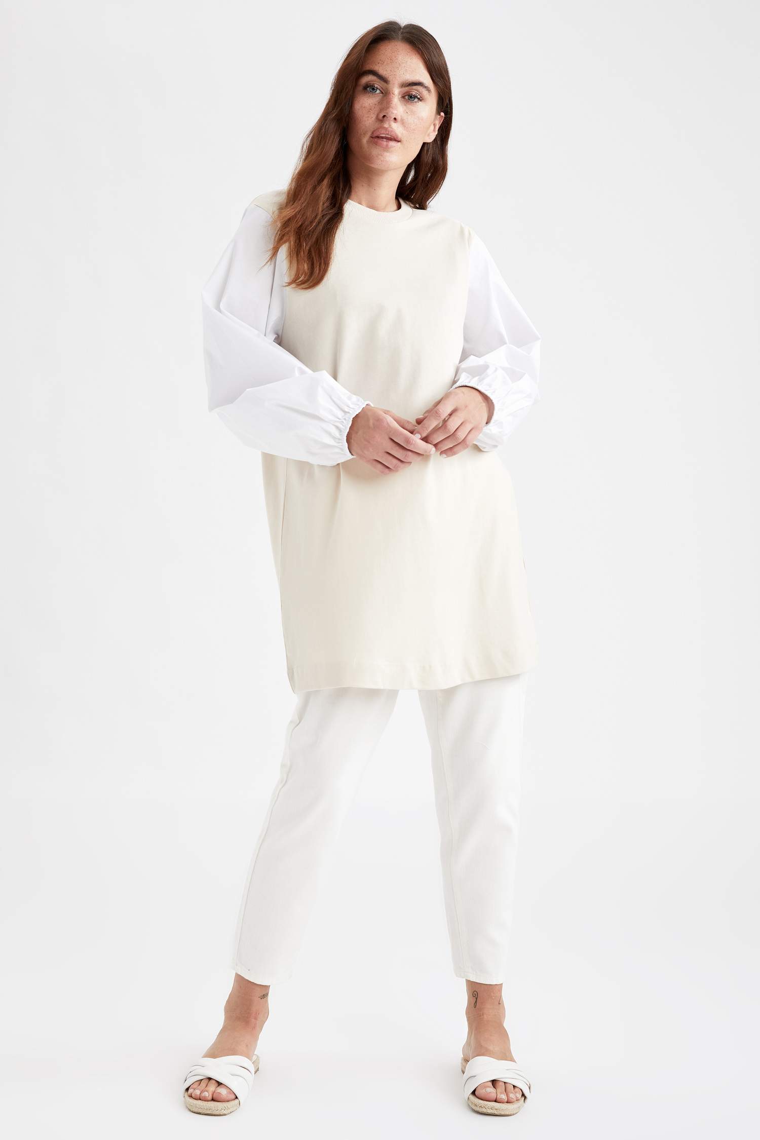 Renk Bloklu Poplin Balon Kollu Relax Fit Tunik