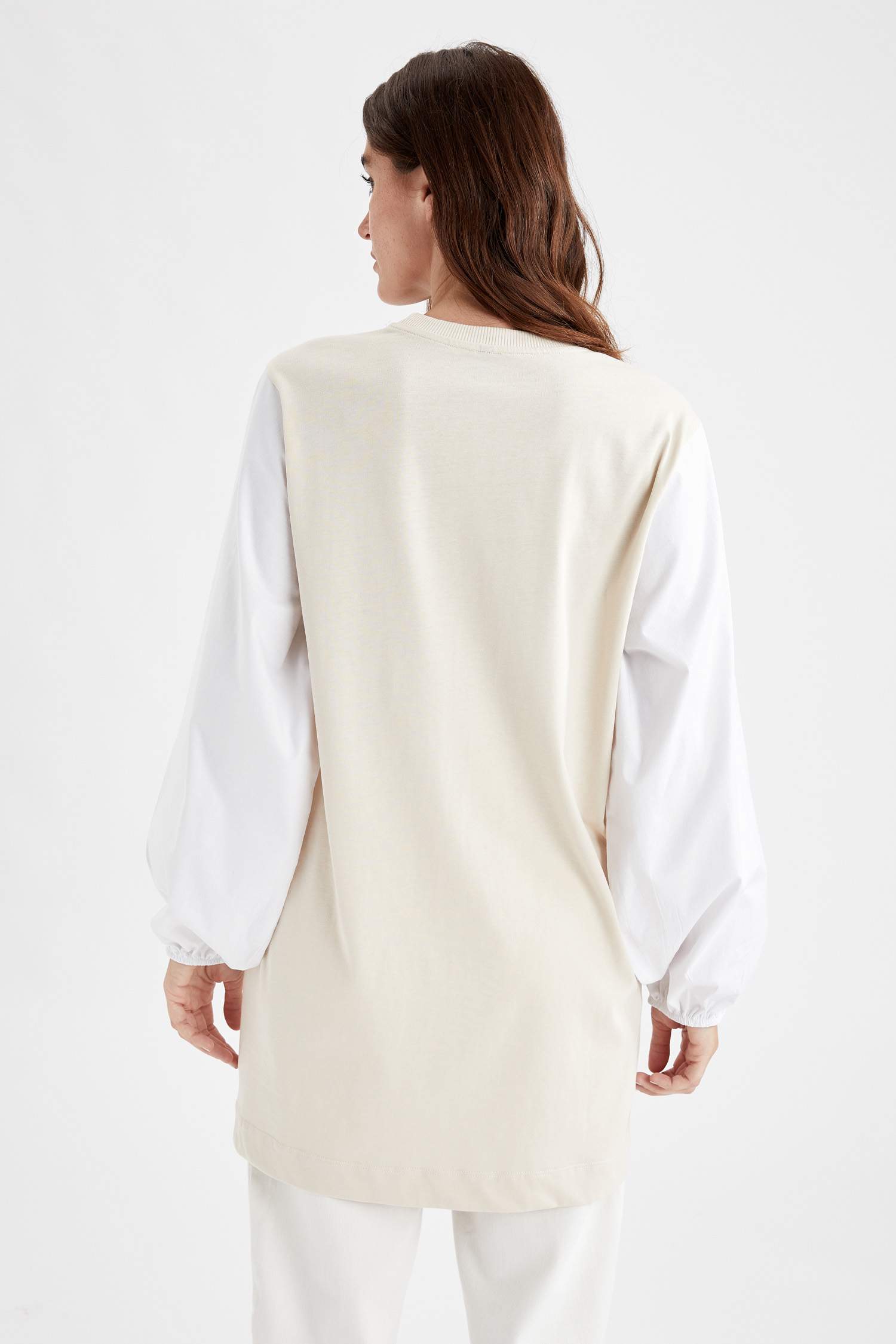 Renk Bloklu Poplin Balon Kollu Relax Fit Tunik