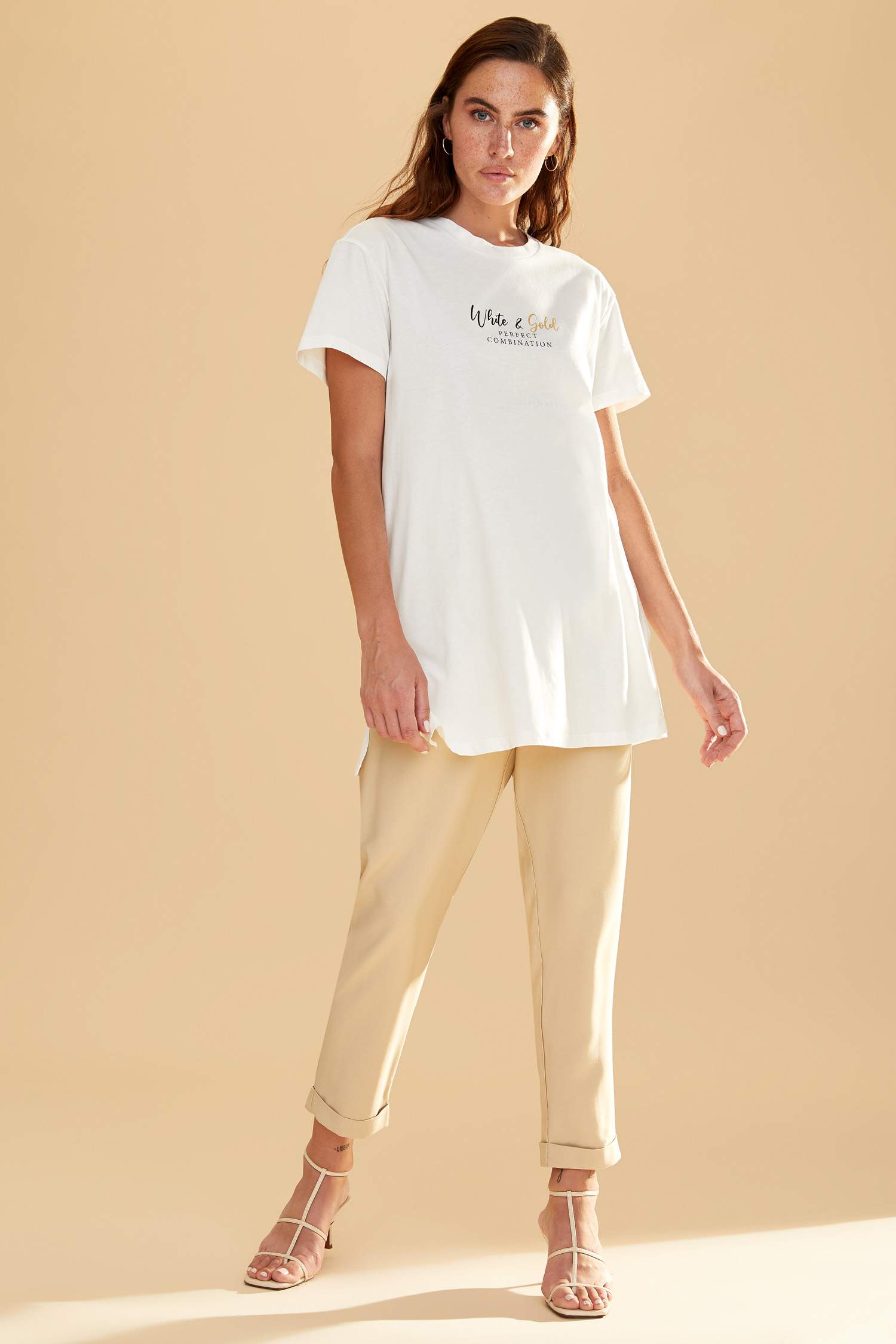 Relax Fit Slogan Baskılı Kısa Kollu Tunik Tişört