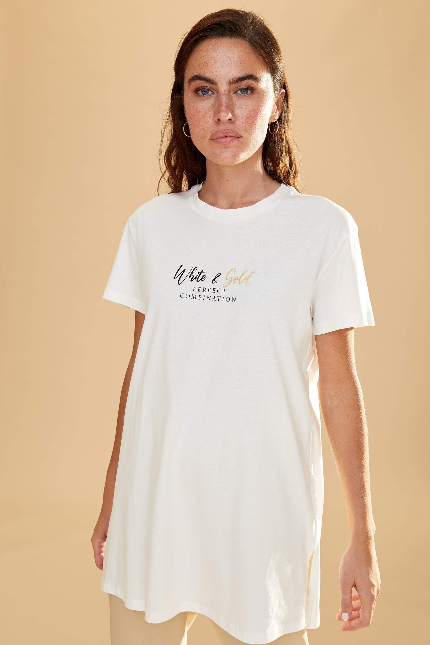 Relax Fit Slogan Baskılı Kısa Kollu Tunik Tişört