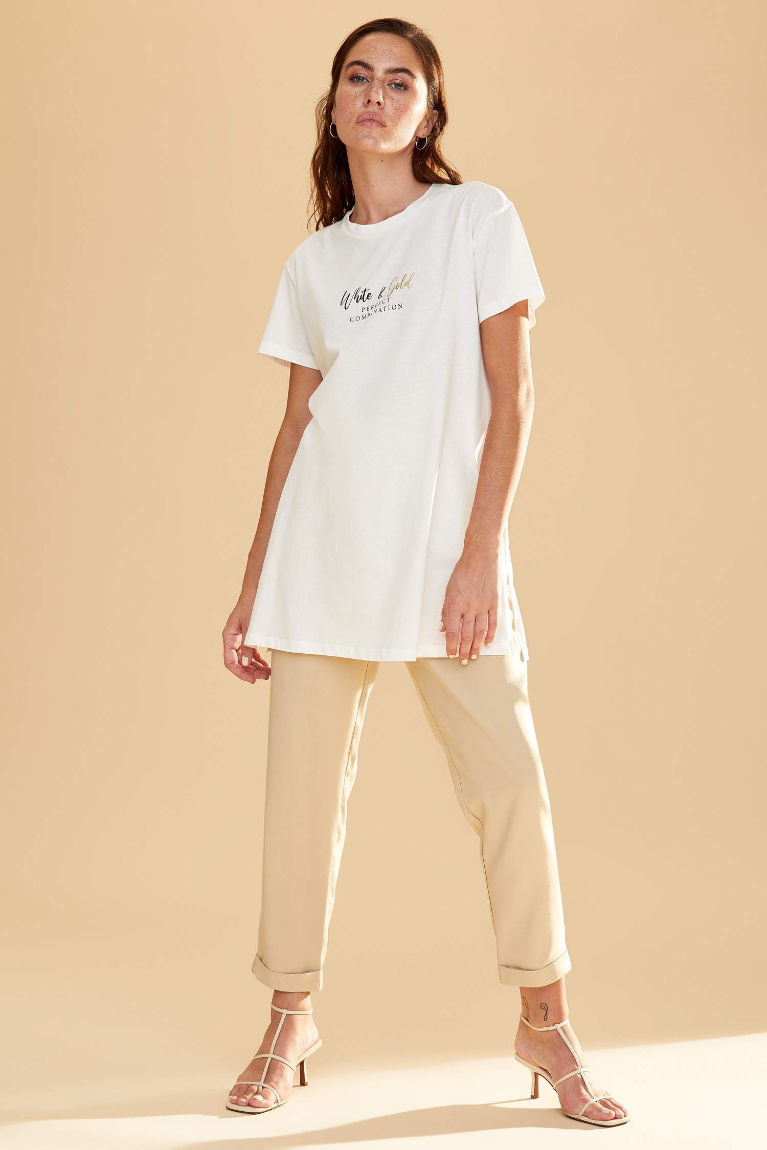 Relax Fit Slogan Baskılı Kısa Kollu Tunik Tişört