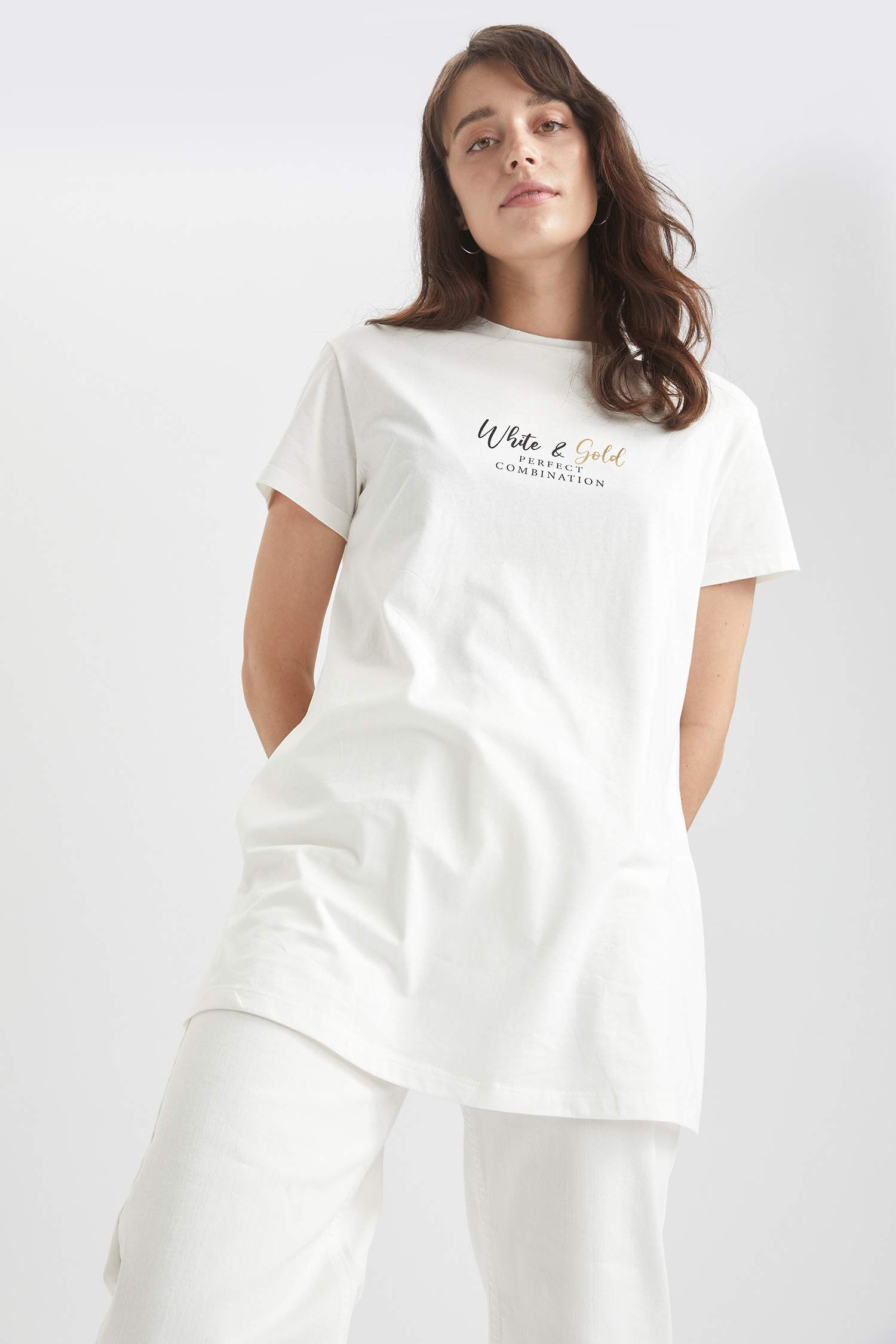 Relax Fit Slogan Baskılı Kısa Kollu Tunik Tişört