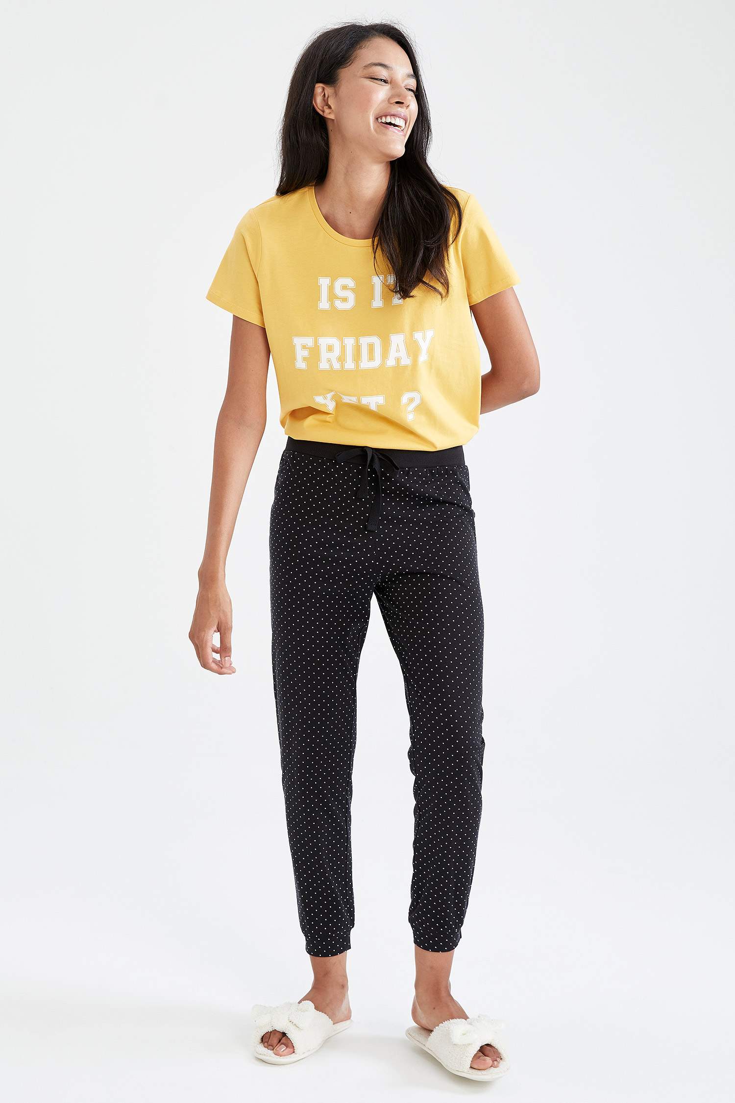 Puantiye Desenli Beli Bağcıklı Relax Fit Jogger Pijama Altı