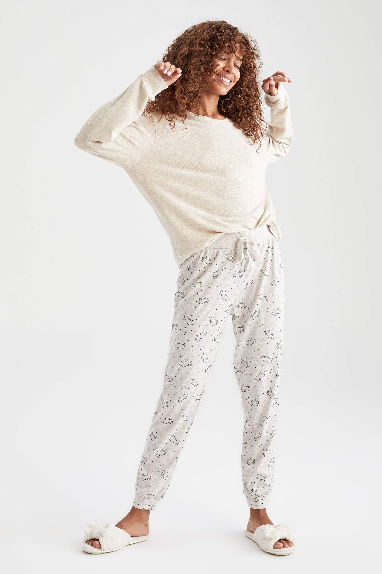 Kedi Baskılı Relax Fit Jogger Pijama Altı