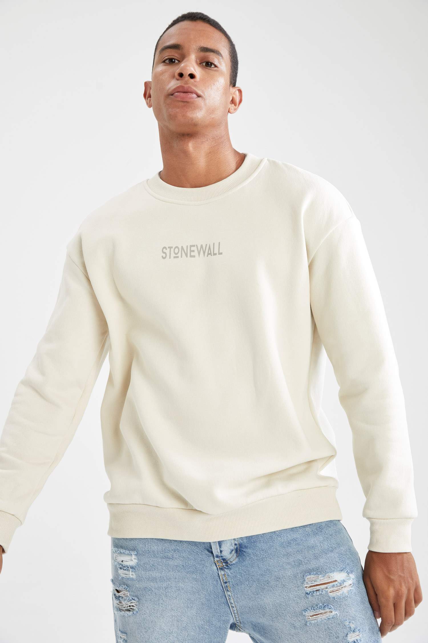 Boxy Fit Bisiklet Yaka Baskılı İçi Yumuşak Tüylü Sweatshirt