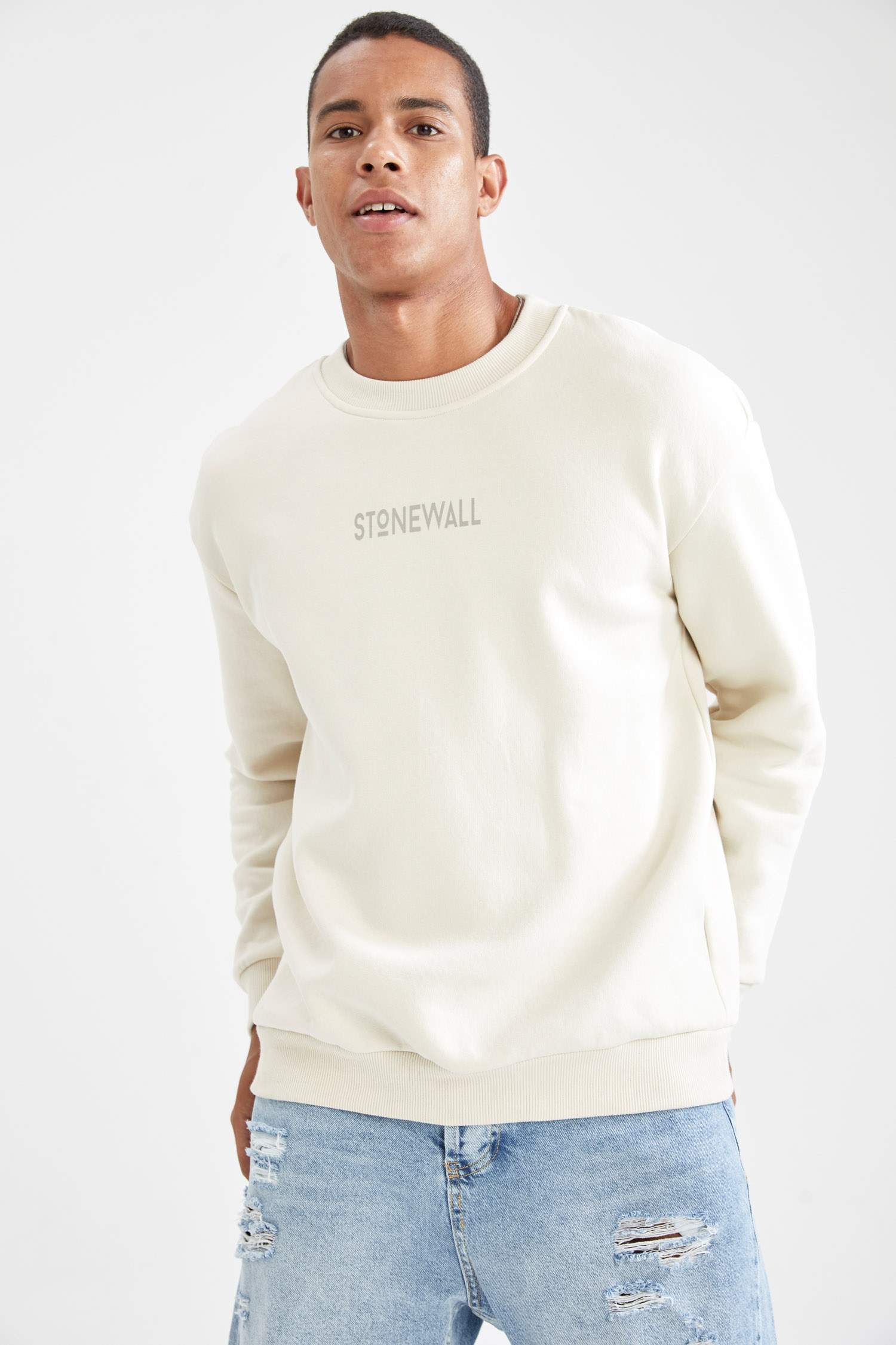 Boxy Fit Bisiklet Yaka Baskılı İçi Yumuşak Tüylü Sweatshirt