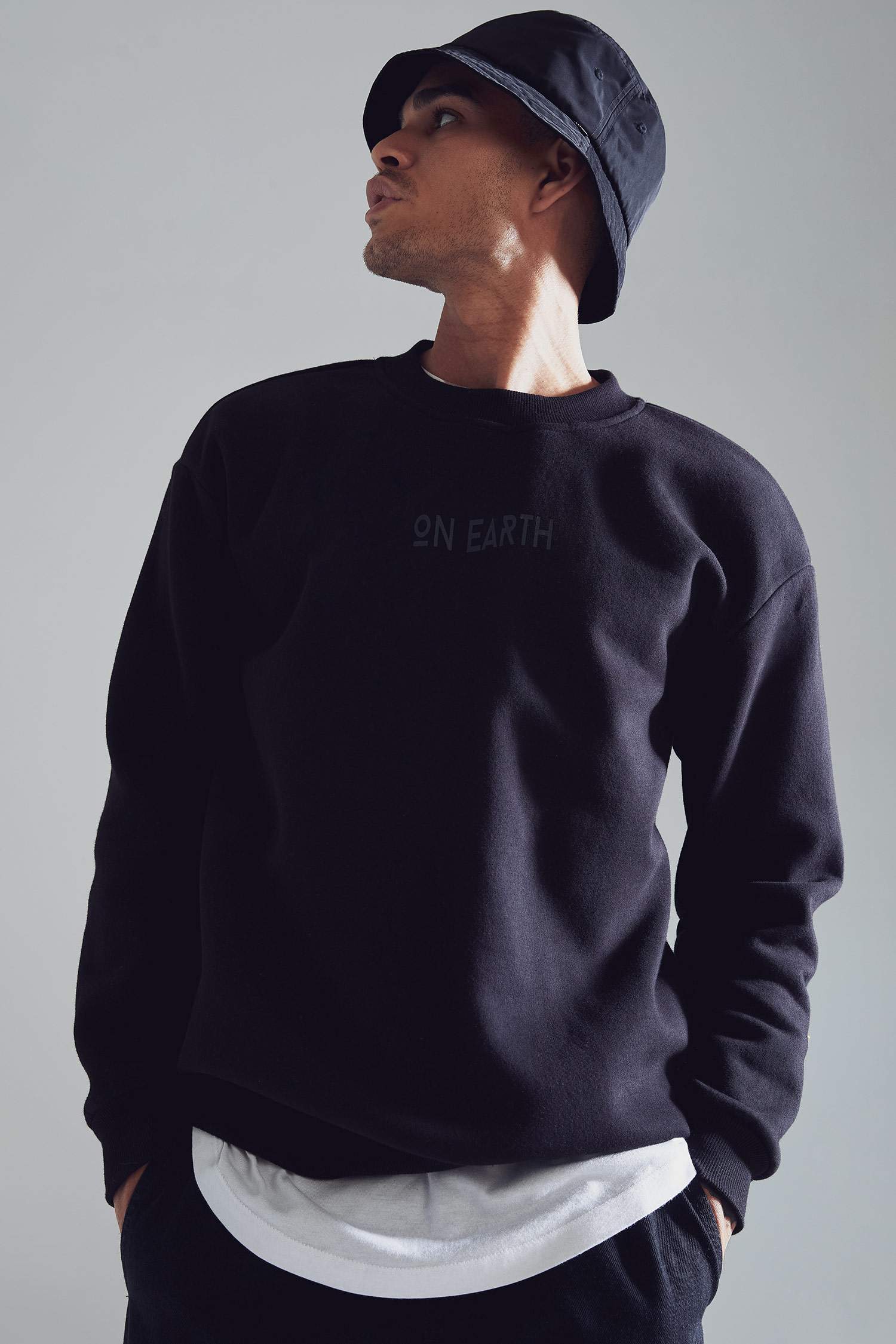 Boxy Fit Bisiklet Yaka Baskılı İçi Yumuşak Tüylü Sweatshirt