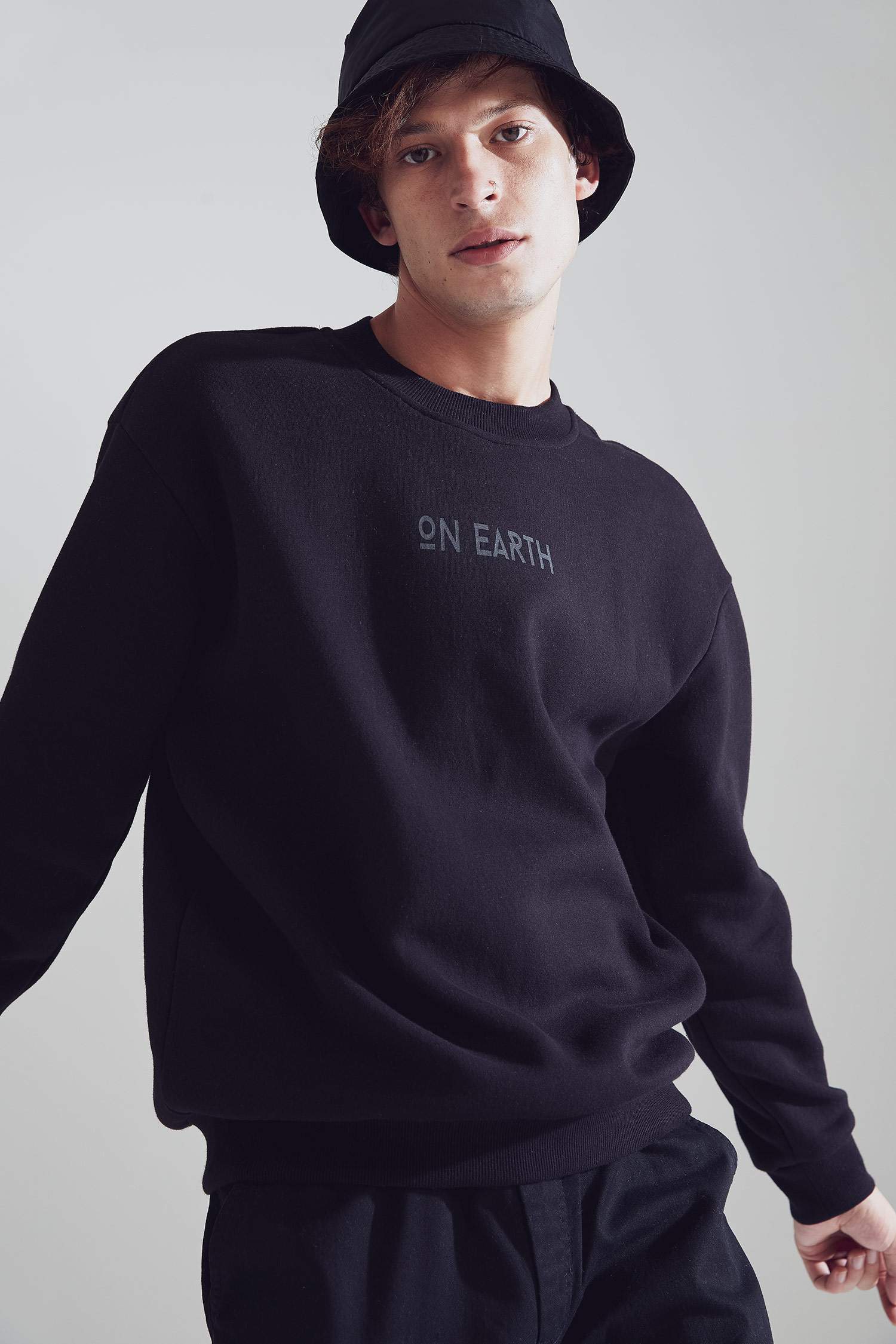 Boxy Fit Bisiklet Yaka Baskılı İçi Yumuşak Tüylü Sweatshirt