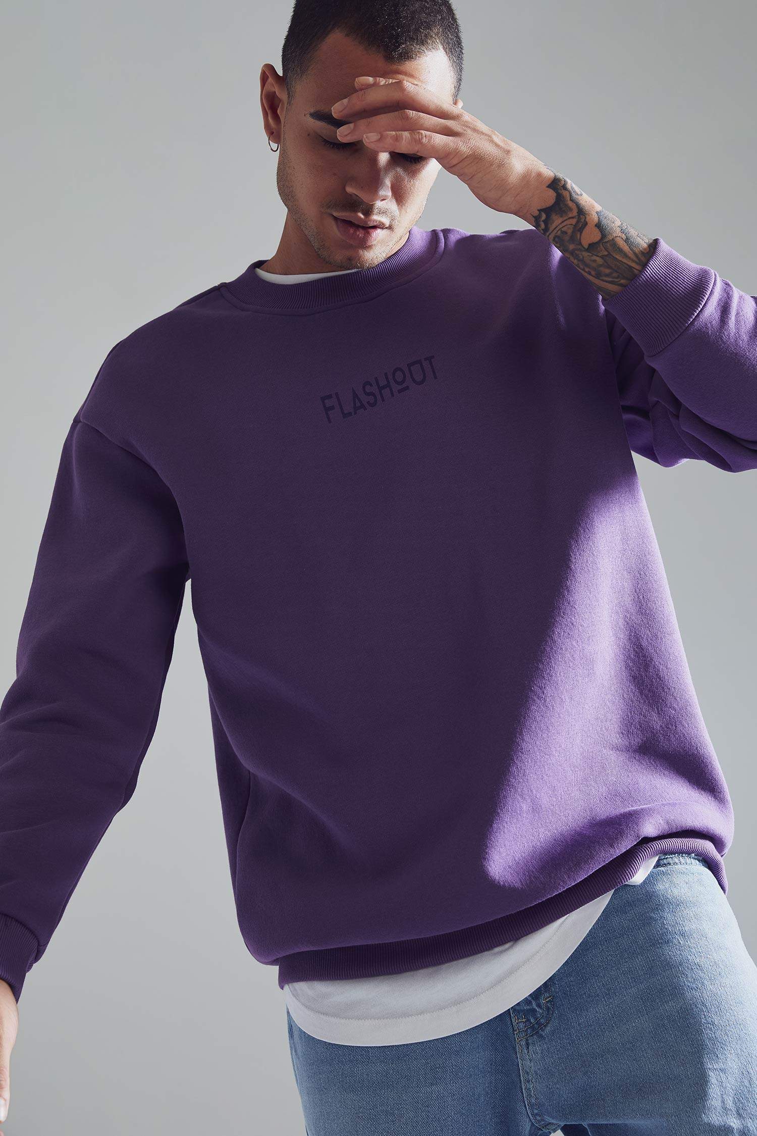 Oversize Fit Bisiklet Yaka Baskılı Pamuklu Sweatshirt