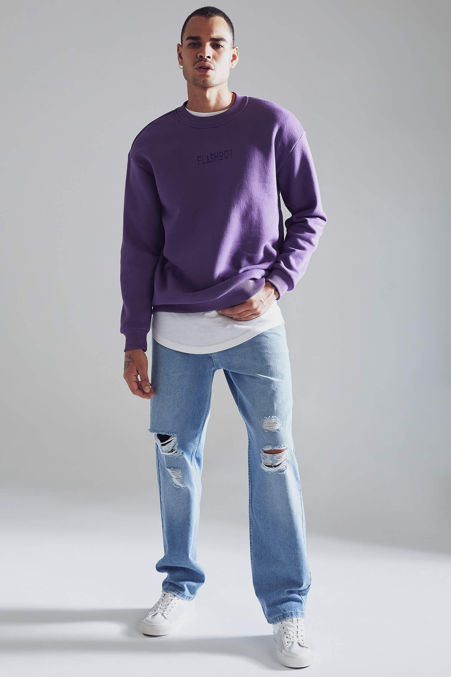Oversize Fit Bisiklet Yaka Baskılı Pamuklu Sweatshirt