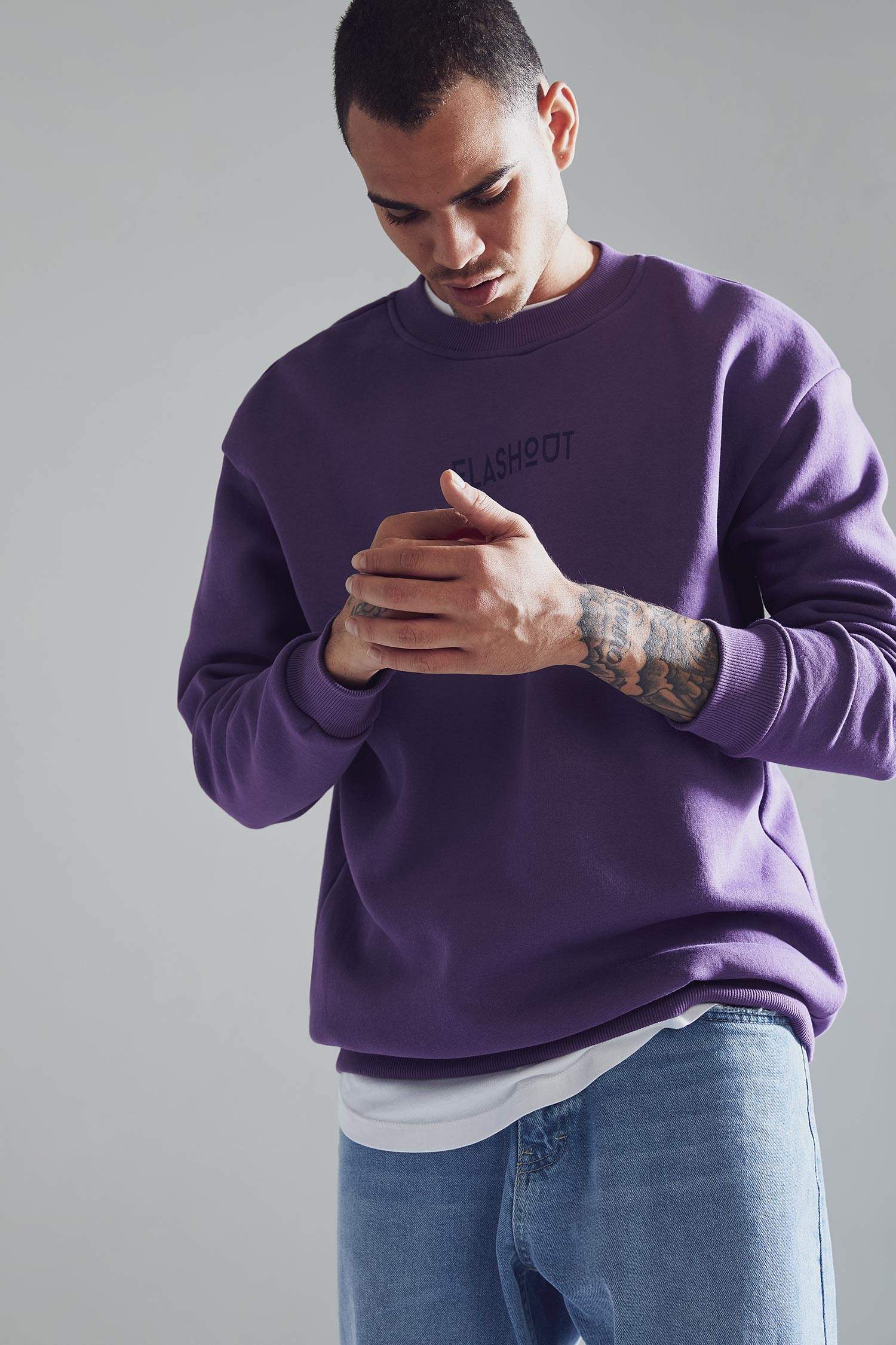 Oversize Fit Bisiklet Yaka Baskılı Pamuklu Sweatshirt