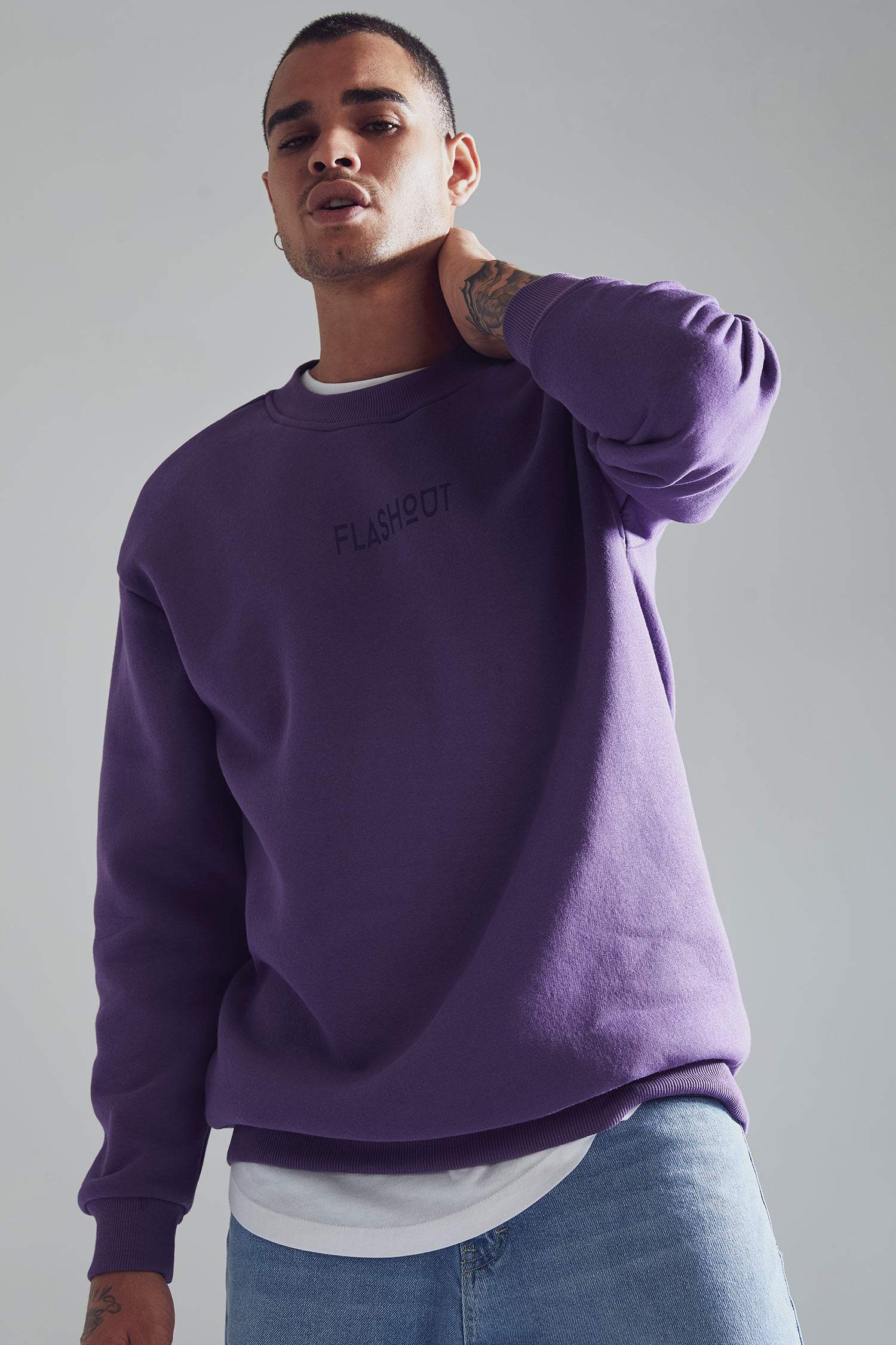 Oversize Fit Bisiklet Yaka Baskılı Pamuklu Sweatshirt