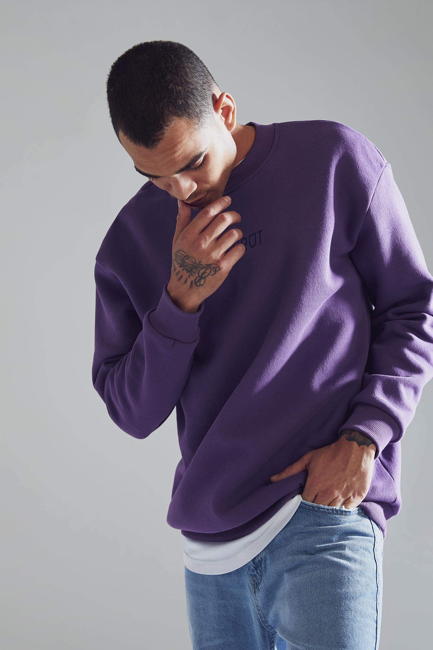 Oversize Fit Bisiklet Yaka Baskılı Pamuklu Sweatshirt