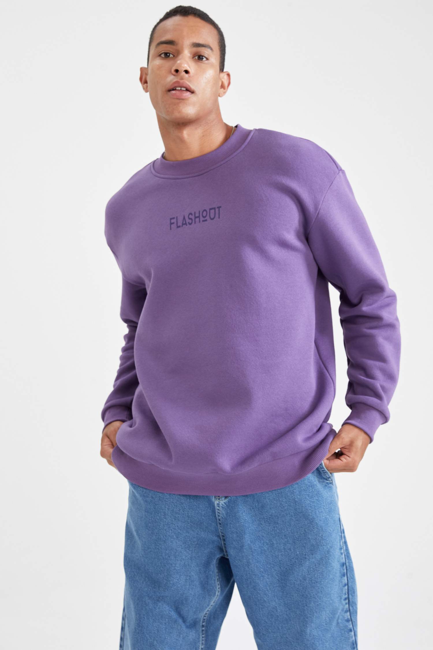 Oversize Fit Bisiklet Yaka Baskılı Pamuklu Sweatshirt
