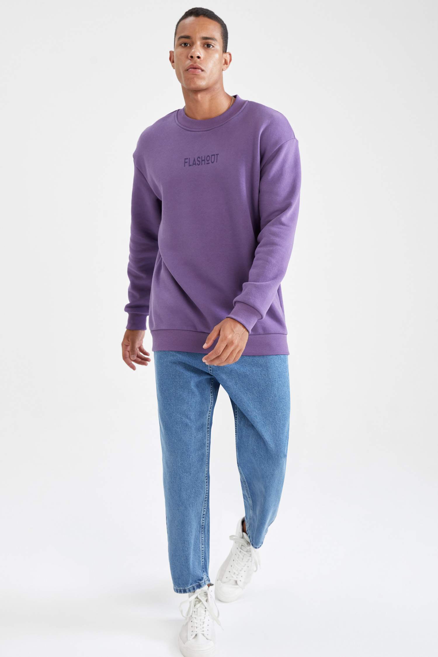 Oversize Fit Bisiklet Yaka Baskılı Pamuklu Sweatshirt