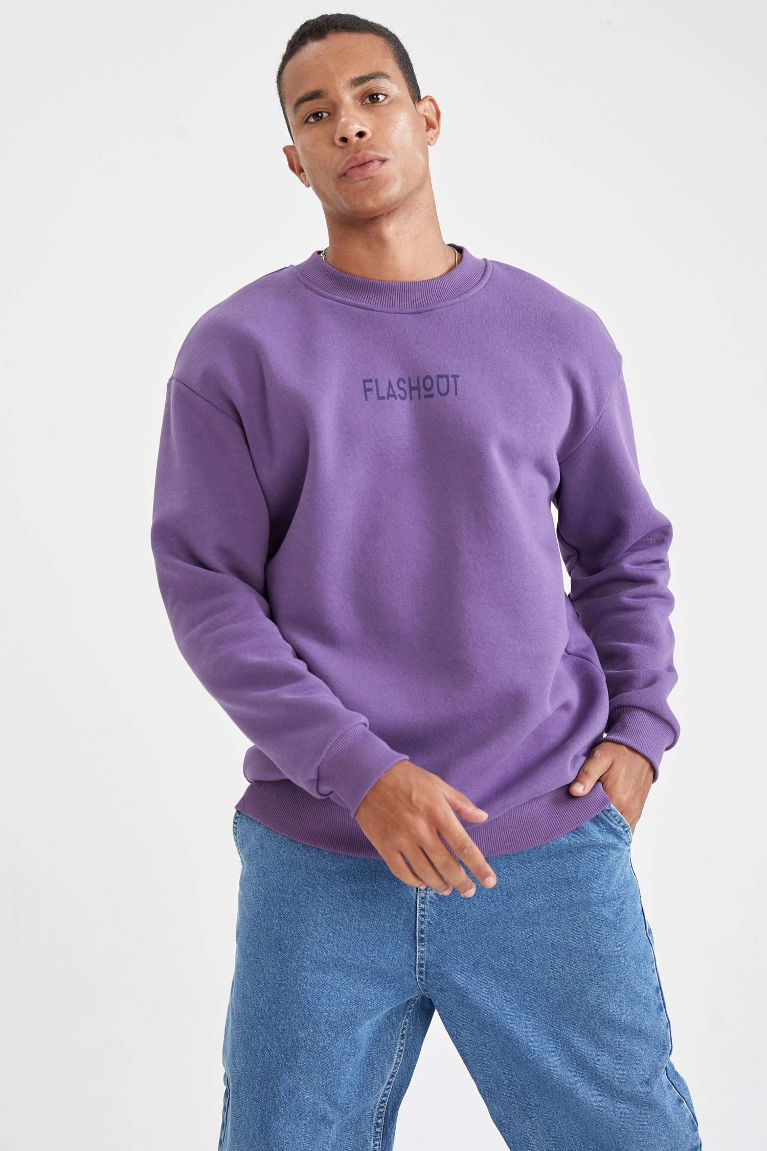 Oversize Fit Bisiklet Yaka Baskılı Pamuklu Sweatshirt