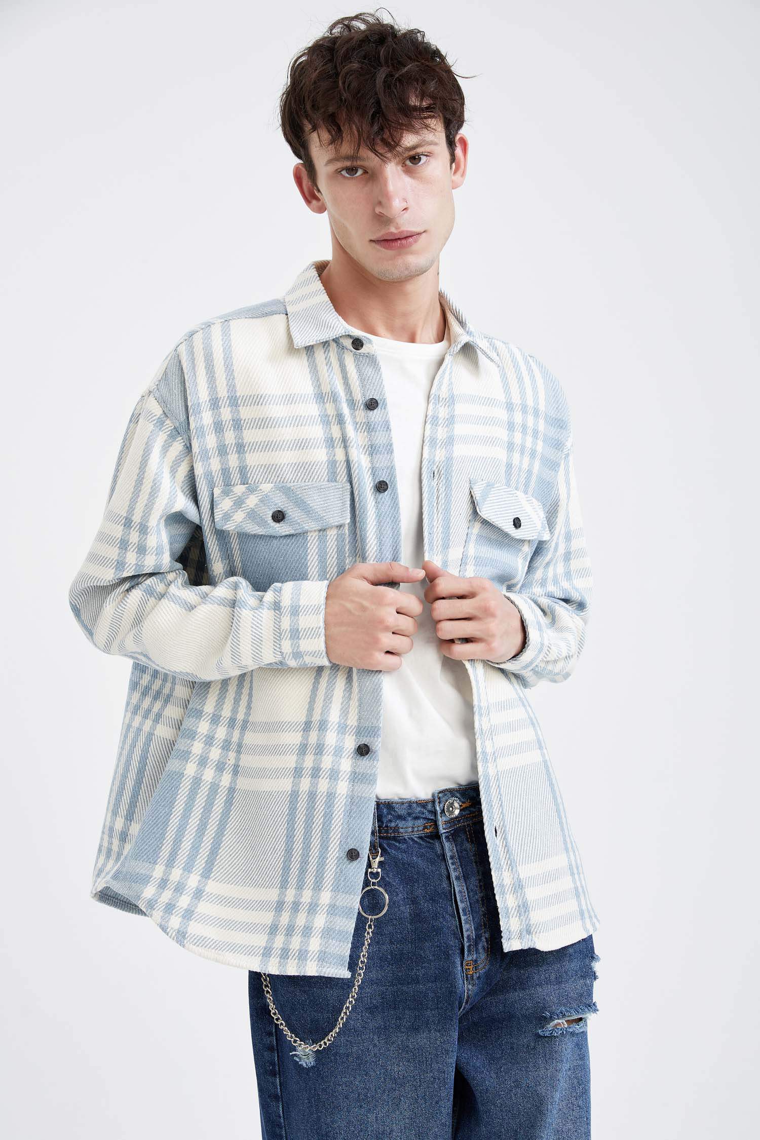 Oversize Fit Ekose Desenli Uzun Kollu Oduncu Gömlek