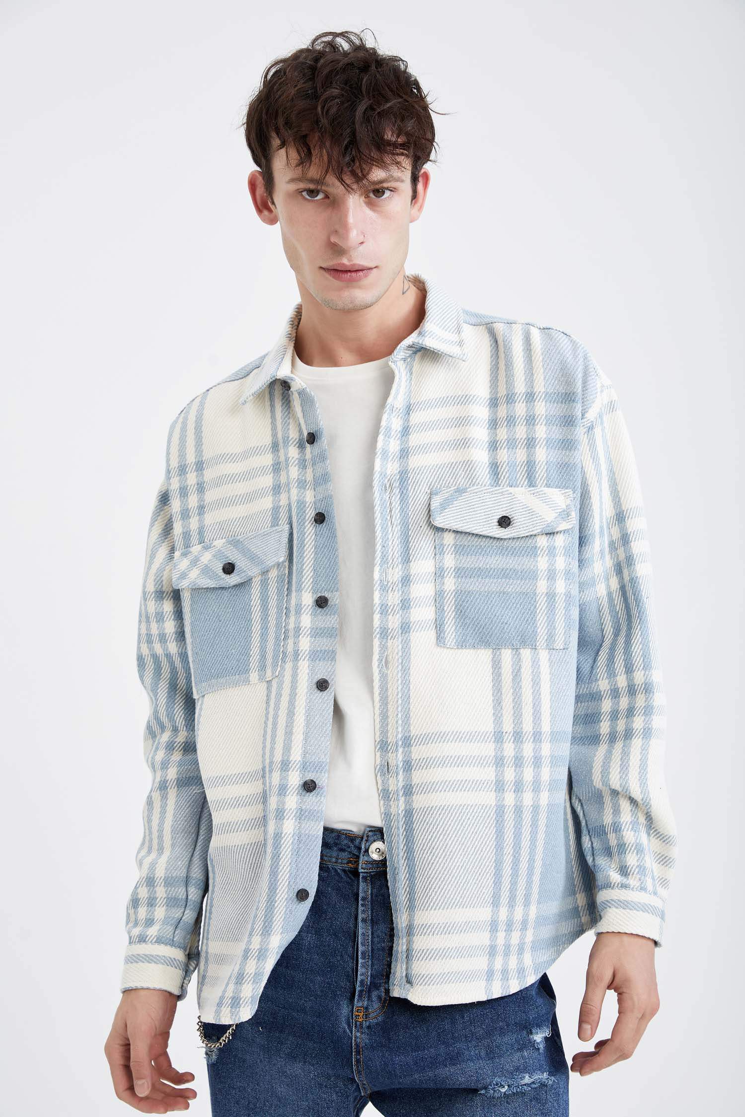 Oversize Fit Ekose Desenli Uzun Kollu Oduncu Gömlek