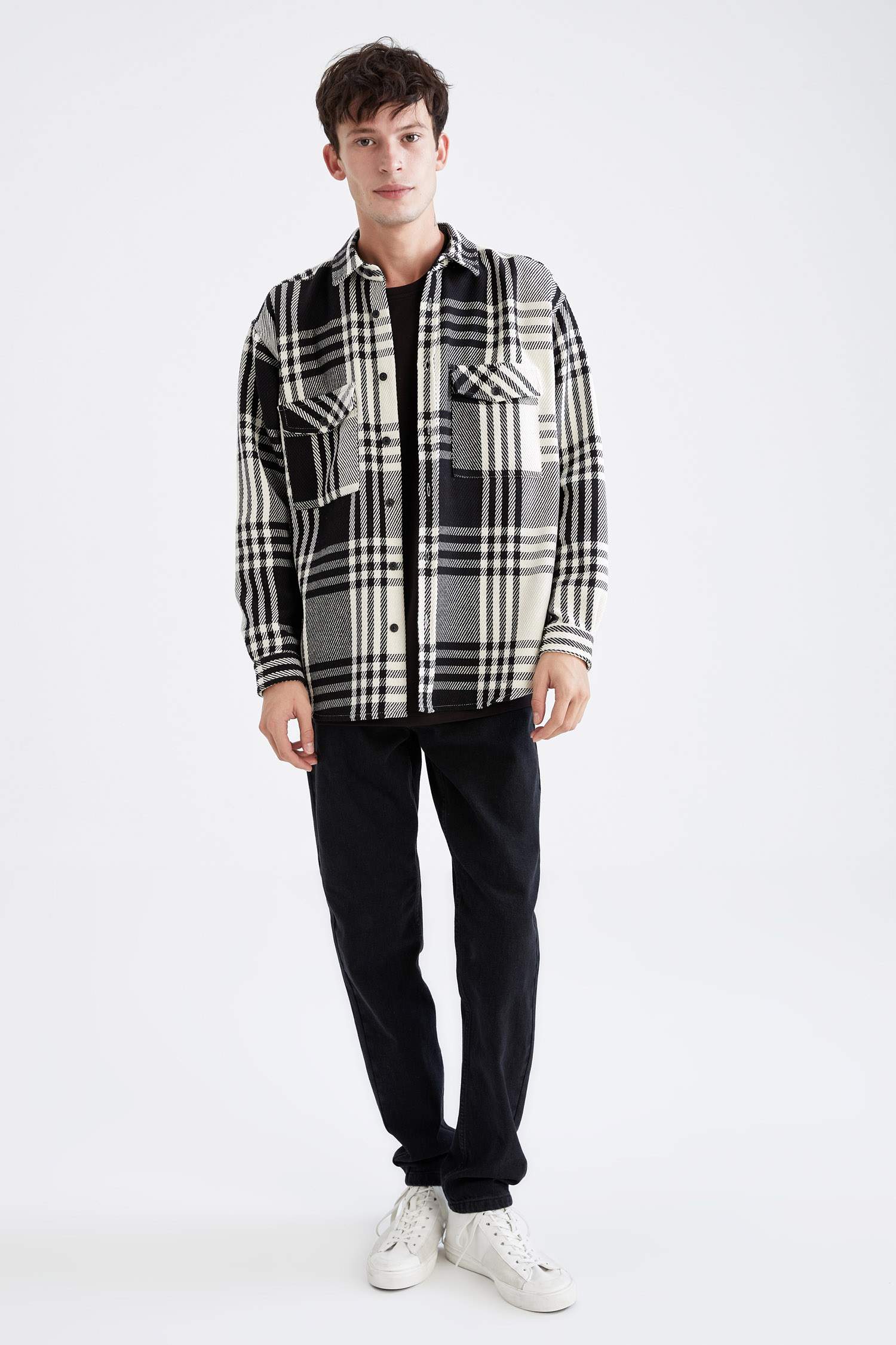 Oversize Fit Ekose Desenli Uzun Kollu Oduncu Gömlek