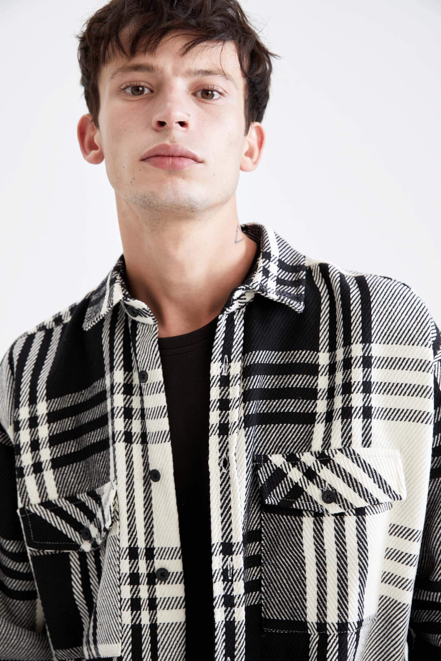 Oversize Fit Ekose Desenli Uzun Kollu Oduncu Gömlek