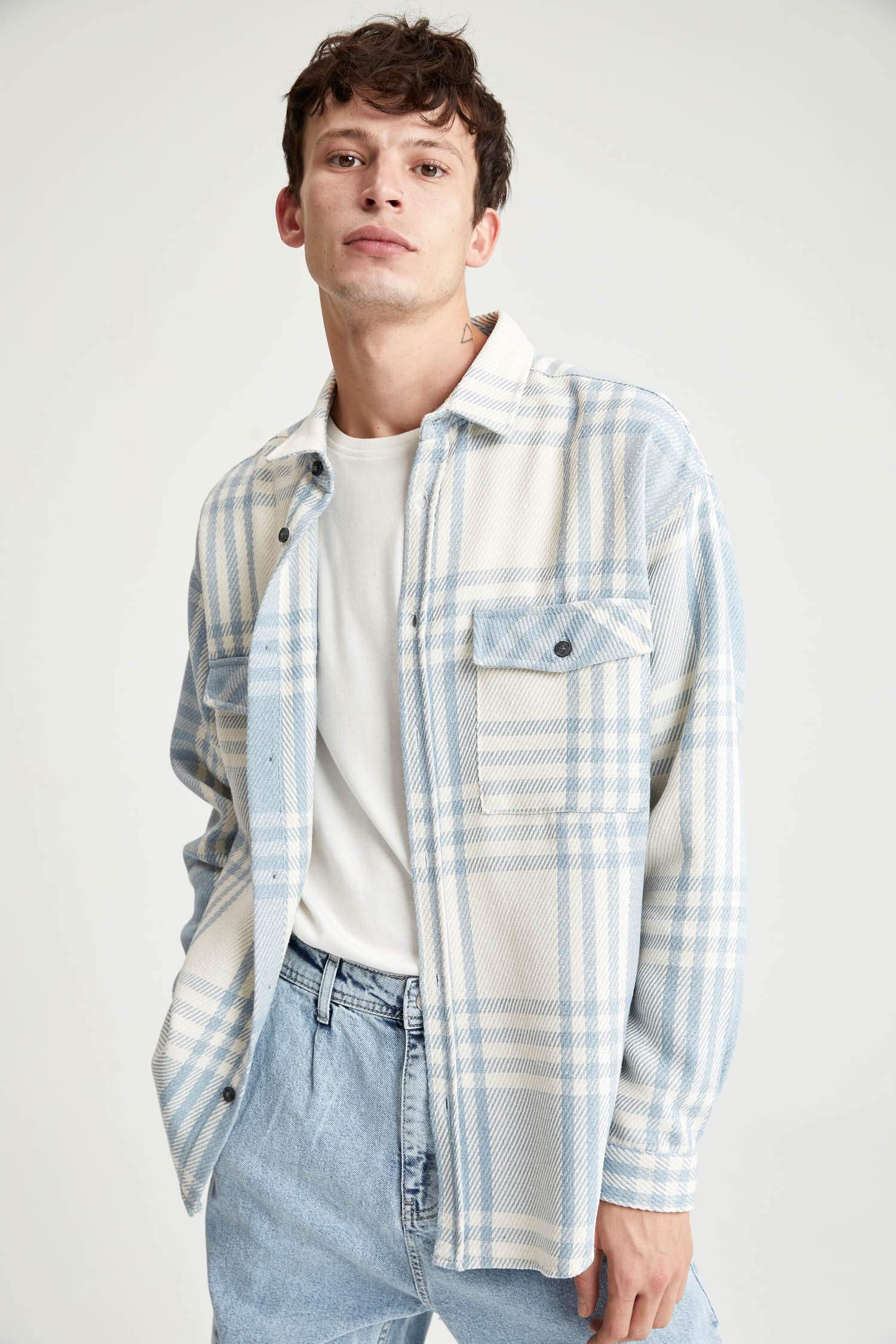 Oversize Fit Ekose Desenli Uzun Kollu Oduncu Gömlek